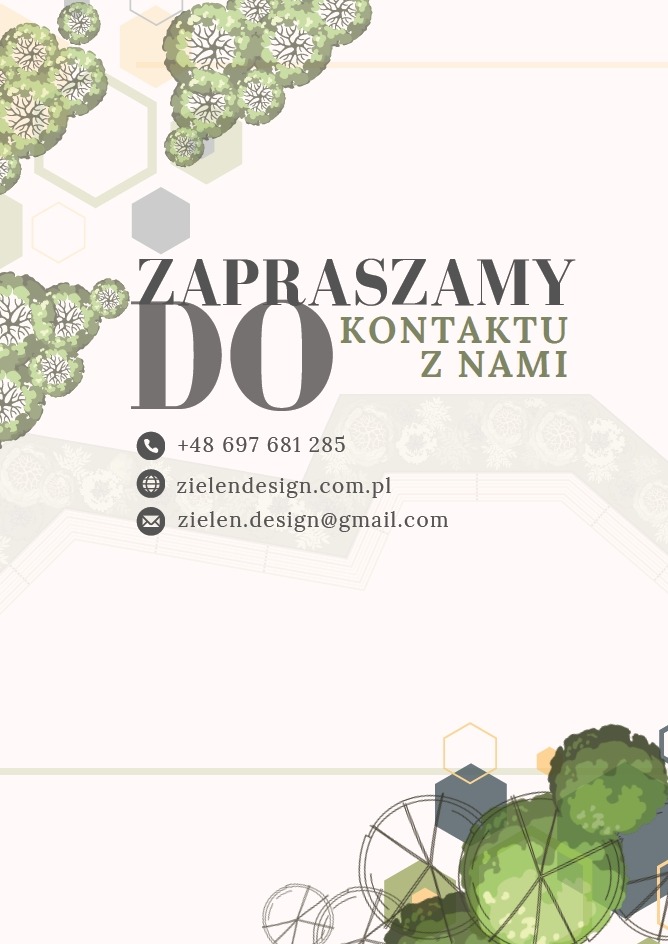 Grafika z napisem 'Zapraszamy do kontaktu z nami', numerem telefonu, adresem strony internetowej i e-mail, ozdobiona motywami roślinnymi i geometrycznymi.