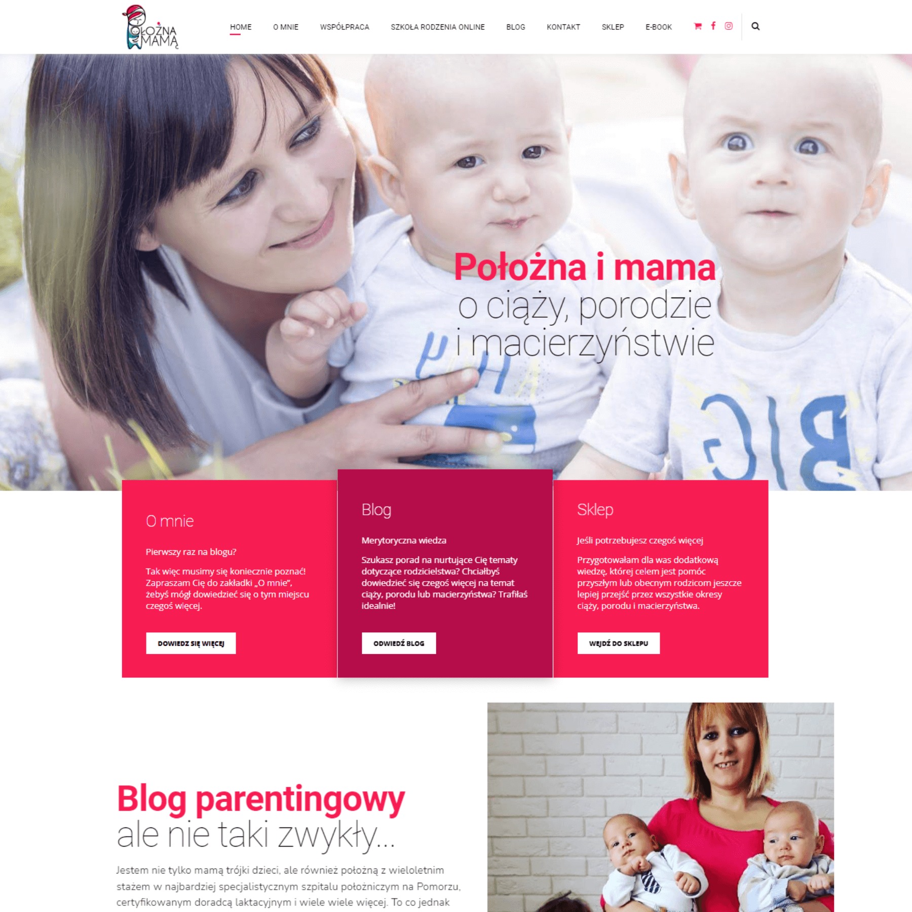 Strona internetowa położnej i mamy z ofertą bloga, sklepu i szkoły rodzenia online. Ujęcie z uśmiechniętą kobietą i dziećmi w tle. Pastelowa kolorystyka, czytelna nawigacja.