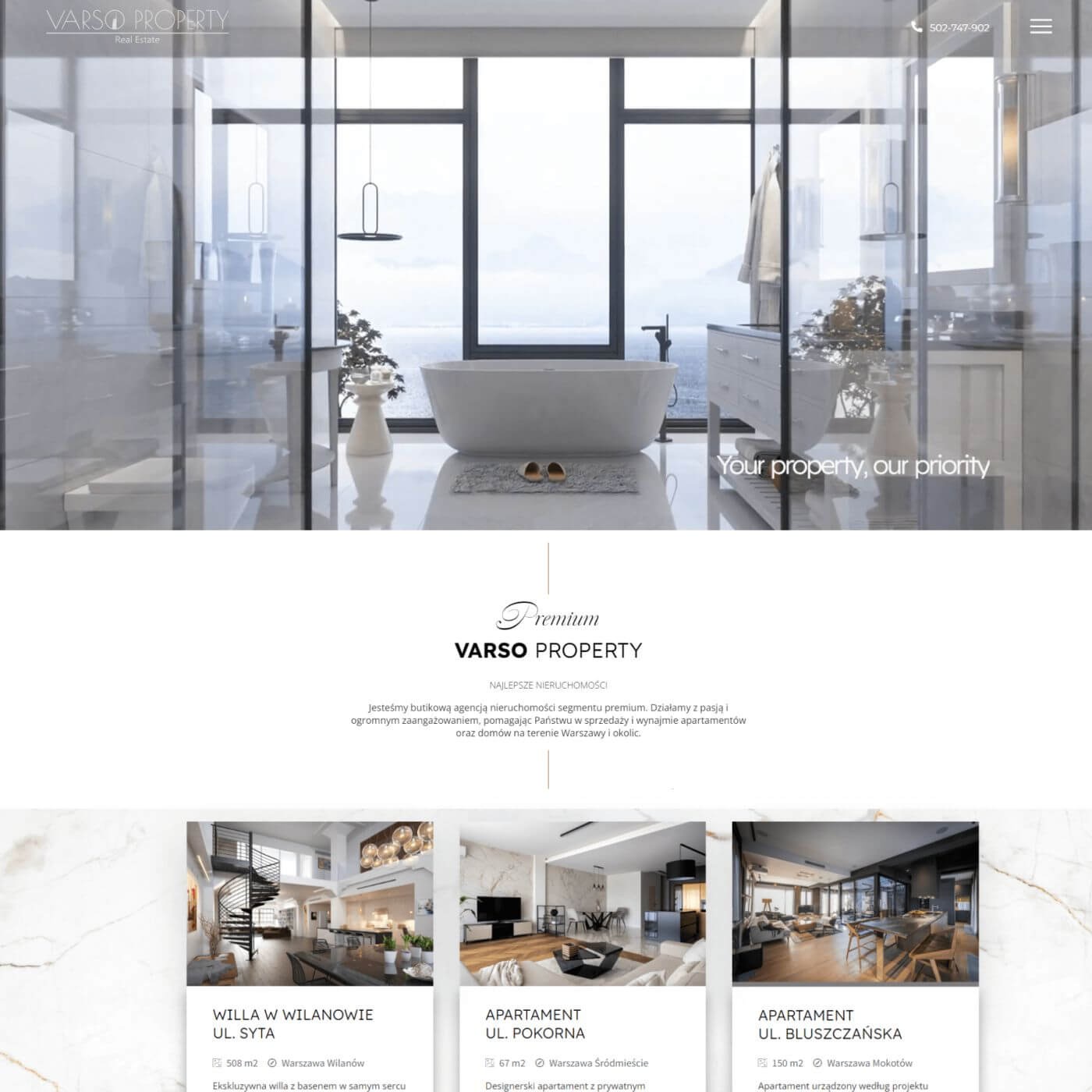 Strona internetowa agencji nieruchomości Varso Property z minimalistycznym designem, prezentująca luksusową łazienkę z widokiem na morze i ofertę willi oraz apartamentów.