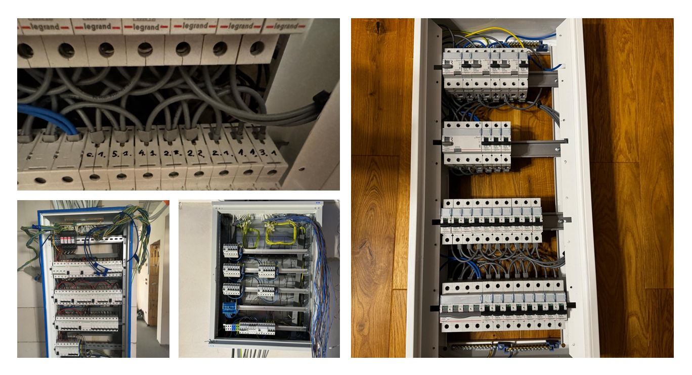 Rozdzielnia elektryczna w kilku ujęciach: widok z bliska na podłączenia, cała szafka na ścianie i wnęce. Kable w różnych kolorach, bezpieczniki Legrand.