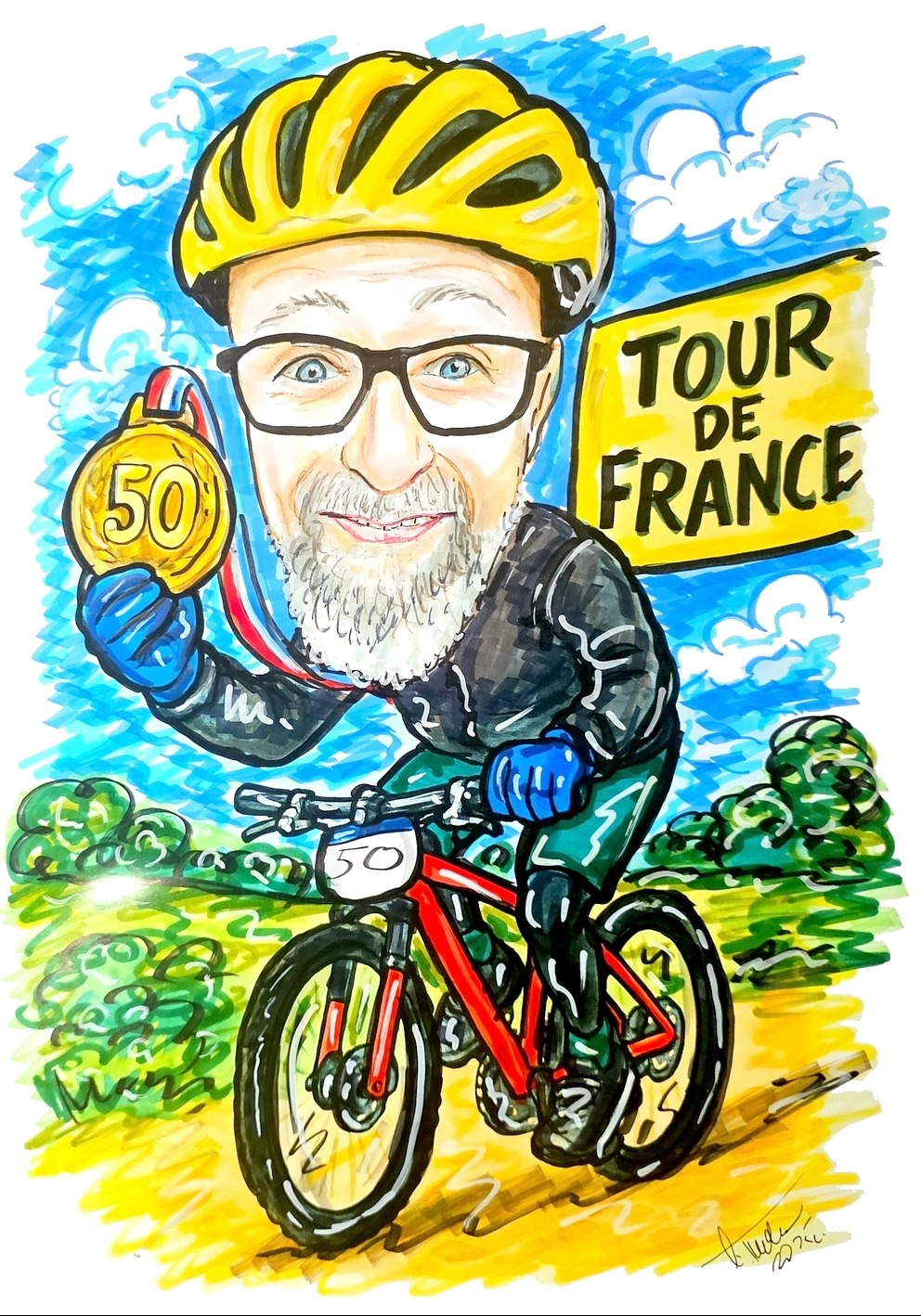 Ręcznie rysowany, kolorowy portret karykaturalny mężczyzny na rowerze górskim z medalem '50', na tle krajobrazu i napisu 'Tour de France'.