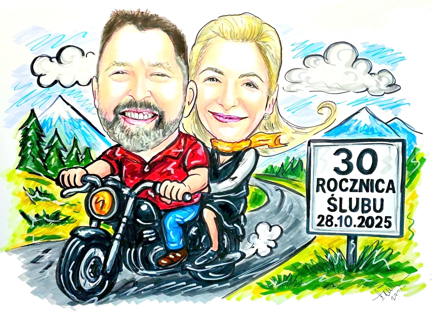 Ręcznie rysowany, kolorowy karykaturalny portret pary na motocyklu, z tłem górskim i tablicą '30 Rocznica Ślubu 28.10.2025', wykonany markerami.