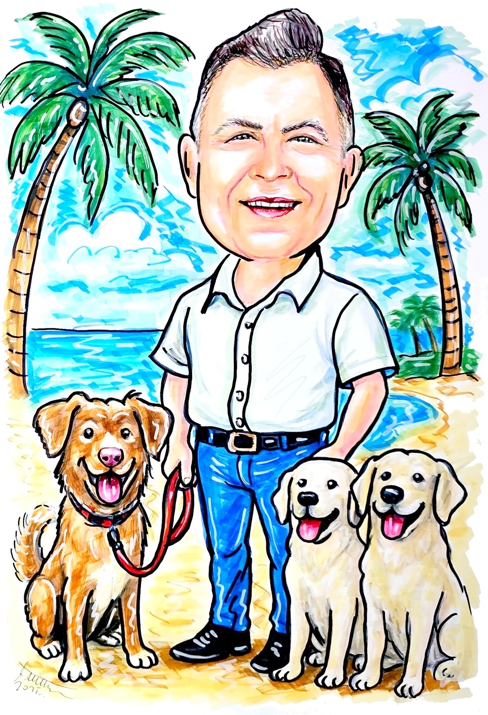 Ręcznie rysowany portret karykaturalny mężczyzny z trzema psami na tle plaży z palmami, wykonany markerami. Unikalny styl i kolorystyka.