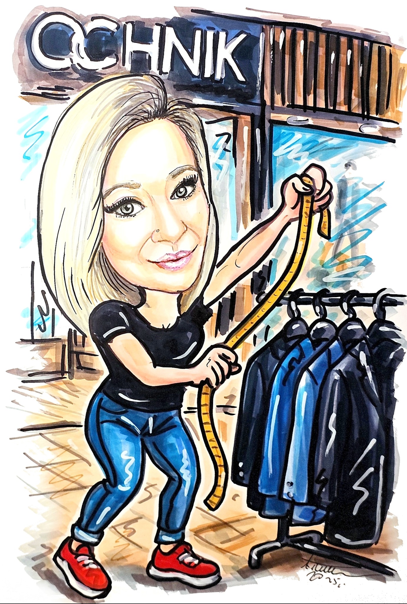 Ilustracja kobiety z miarą przy wieszaku z ubraniami, stylizowana kreska, żywe kolory, widoczny napis 'OCHNIK' w tle, charakterystyczny styl graficzny.