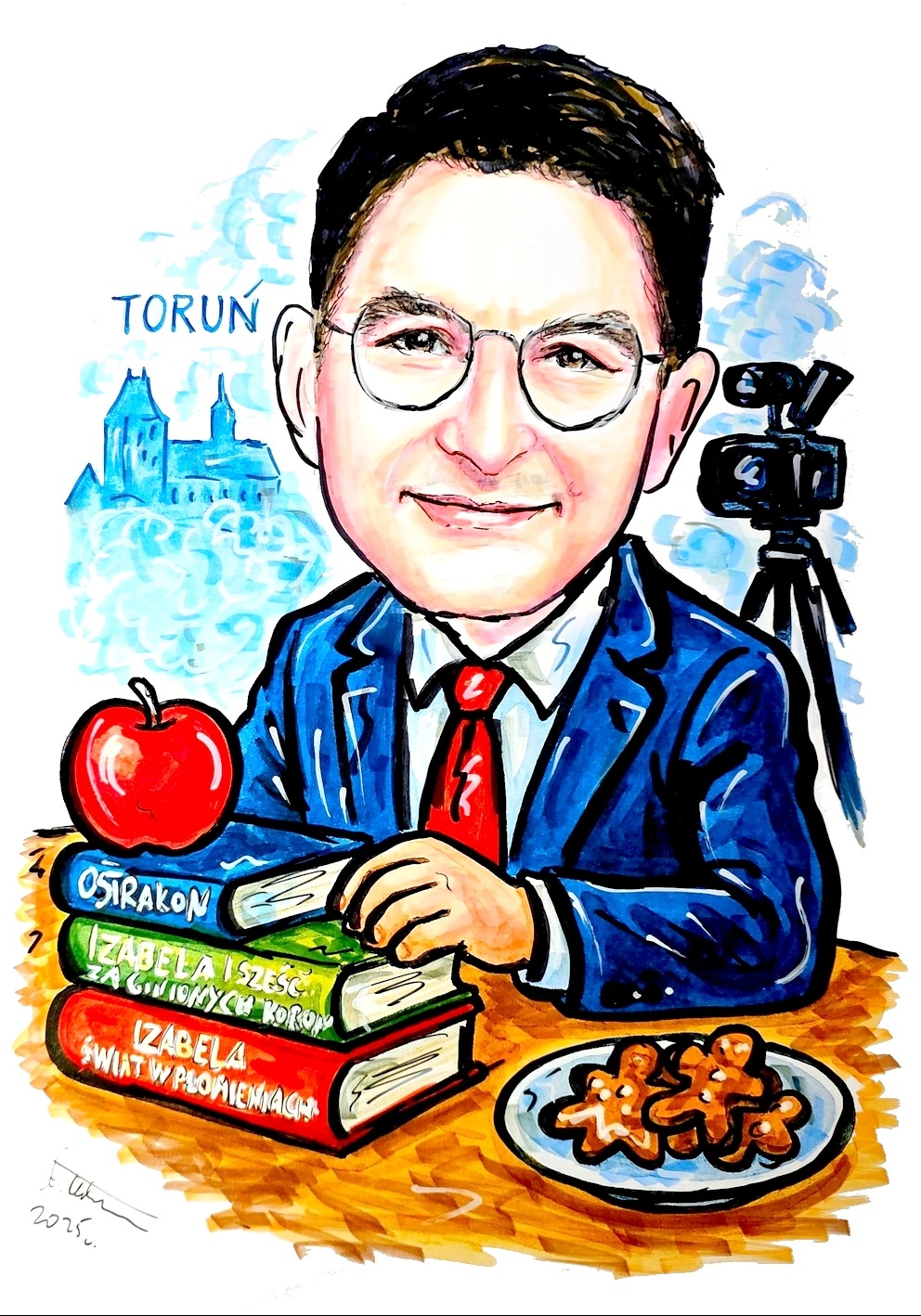 Ręcznie rysowany portret karykaturalny mężczyzny w okularach i garniturze, z książkami, jabłkiem, piernikami i kamerą w tle, z panoramą Torunia.