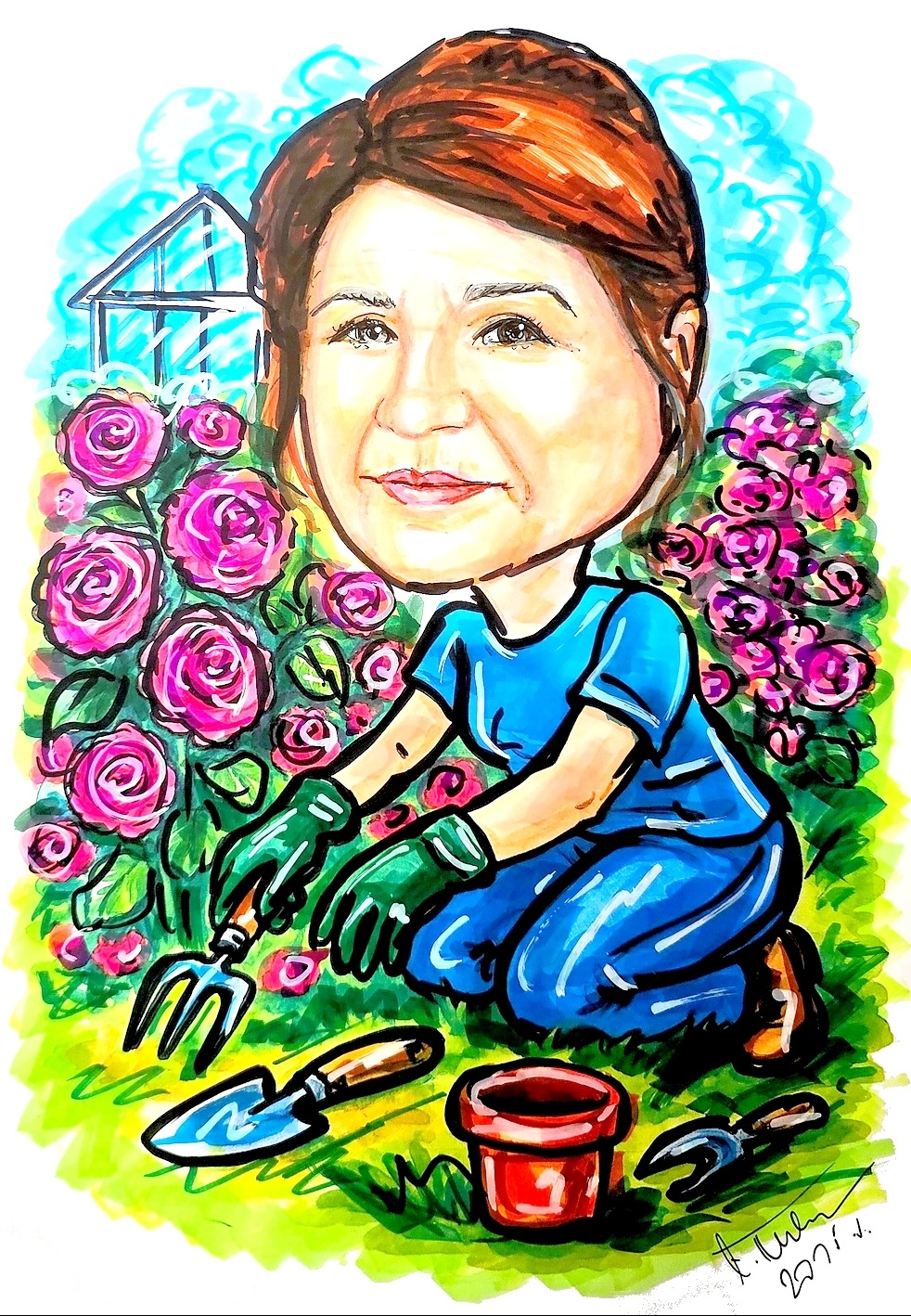 Ilustracja kobiety w ogrodzie różanym, w stylu karykatury, z narzędziami ogrodniczymi i szklarnią w tle, wykonana markerami na papierze.