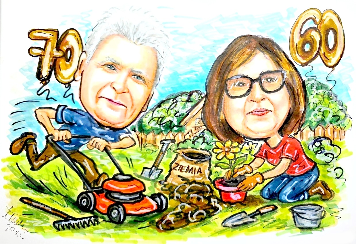 Ręcznie rysowany, kolorowy portret karykaturalny pary podczas prac ogrodowych, z balonami w kształcie liczb 70 i 60 w tle. Widoczne narzędzia ogrodnicze.