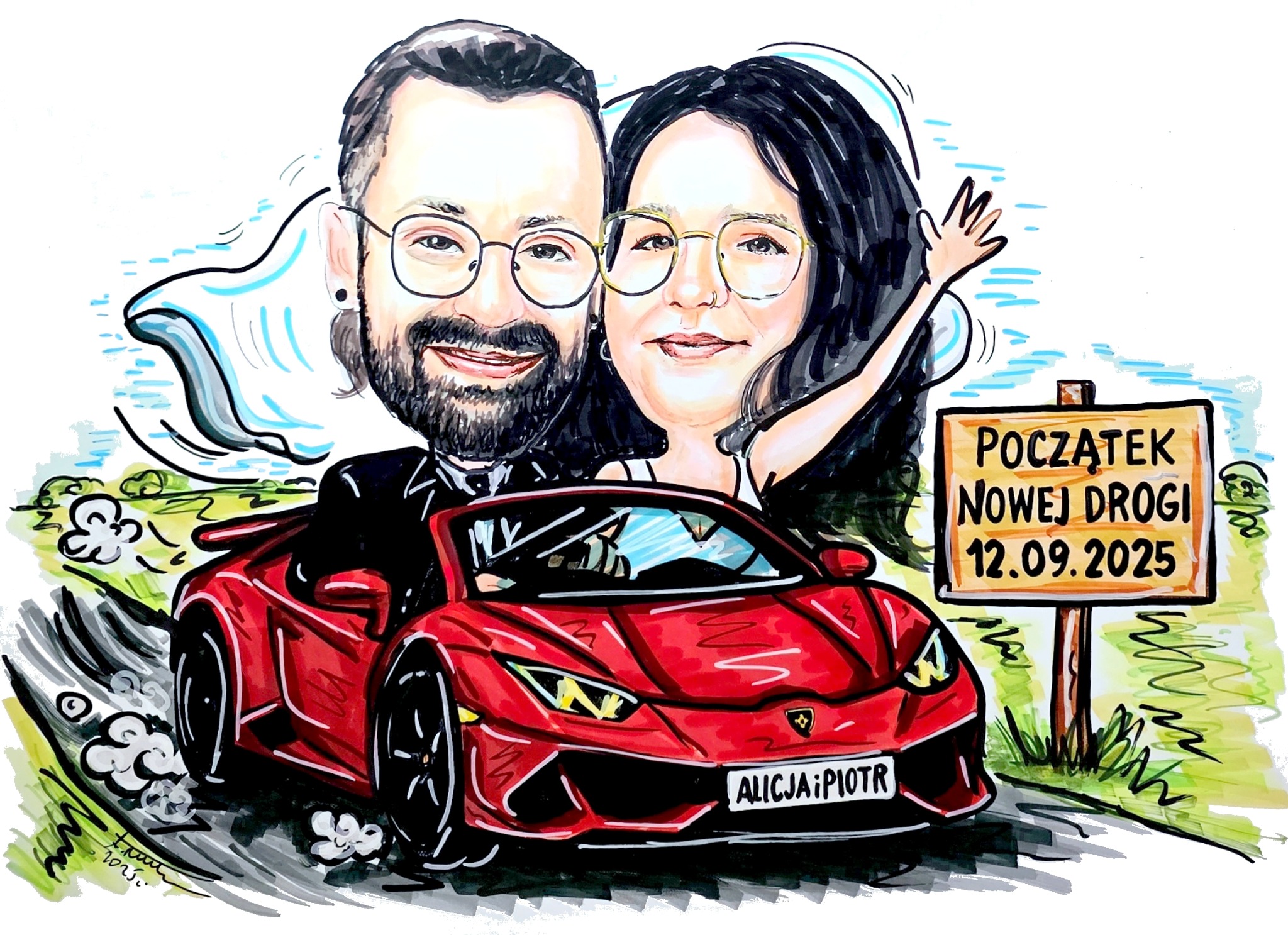 Ręcznie rysowany, kolorowy karykaturalny portret pary w czerwonym sportowym samochodzie z tablicą 'Początek Nowej Drogi 12.09.2025' w tle.