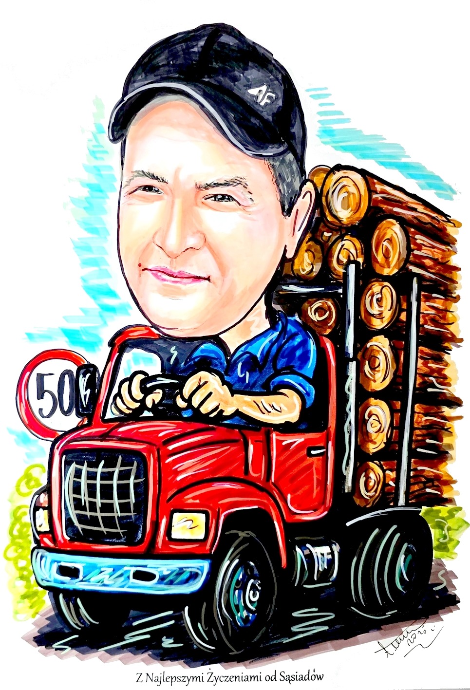Ręcznie rysowany, kolorowy portret karykaturalny mężczyzny w czapce, prowadzącego czerwoną ciężarówkę z drewnem. Widoczny znak ograniczenia prędkości do 50.