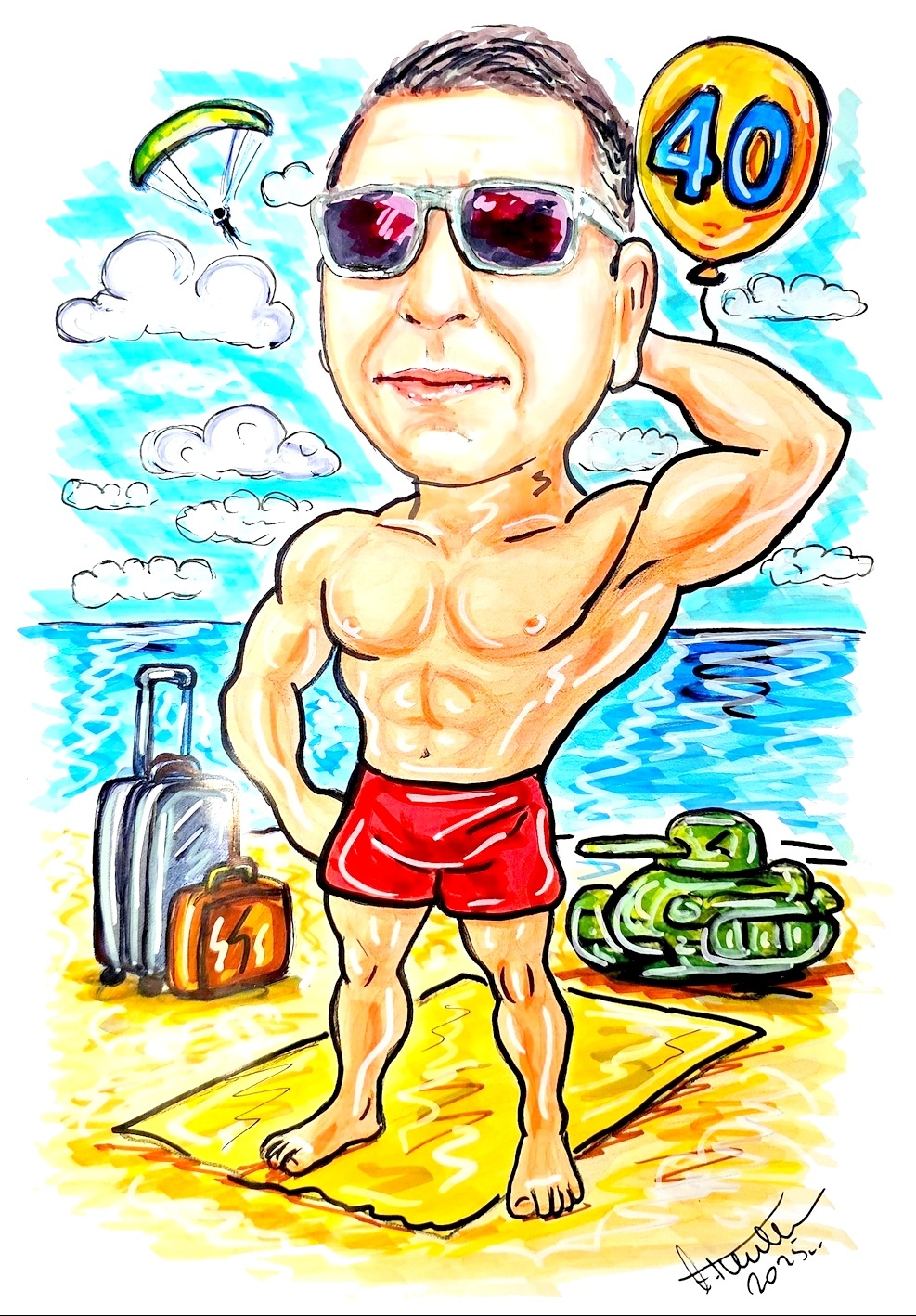 Ręcznie rysowany, humorystyczny portret mężczyzny w okularach na plaży z balonem '40', walizkami i czołgiem. Paragliding na niebie. Unikalna pamiątka urodzinowa.