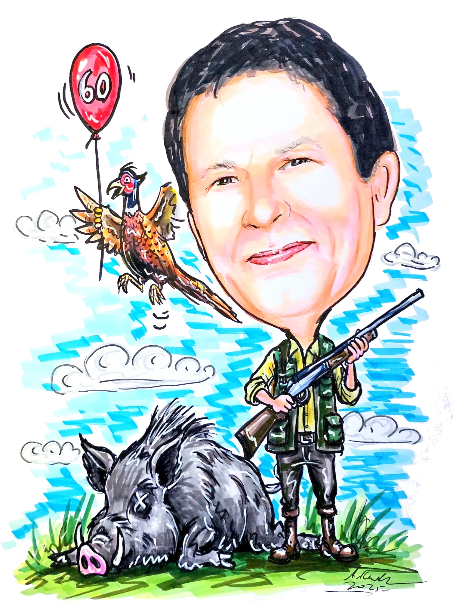 Ilustracja: mężczyzna z karabinem, dzik, bażant z balonem '60' na tle nieba. Rysunek wykonany markerami, widoczne pociągnięcia. Sygnatura w prawym dolnym rogu.