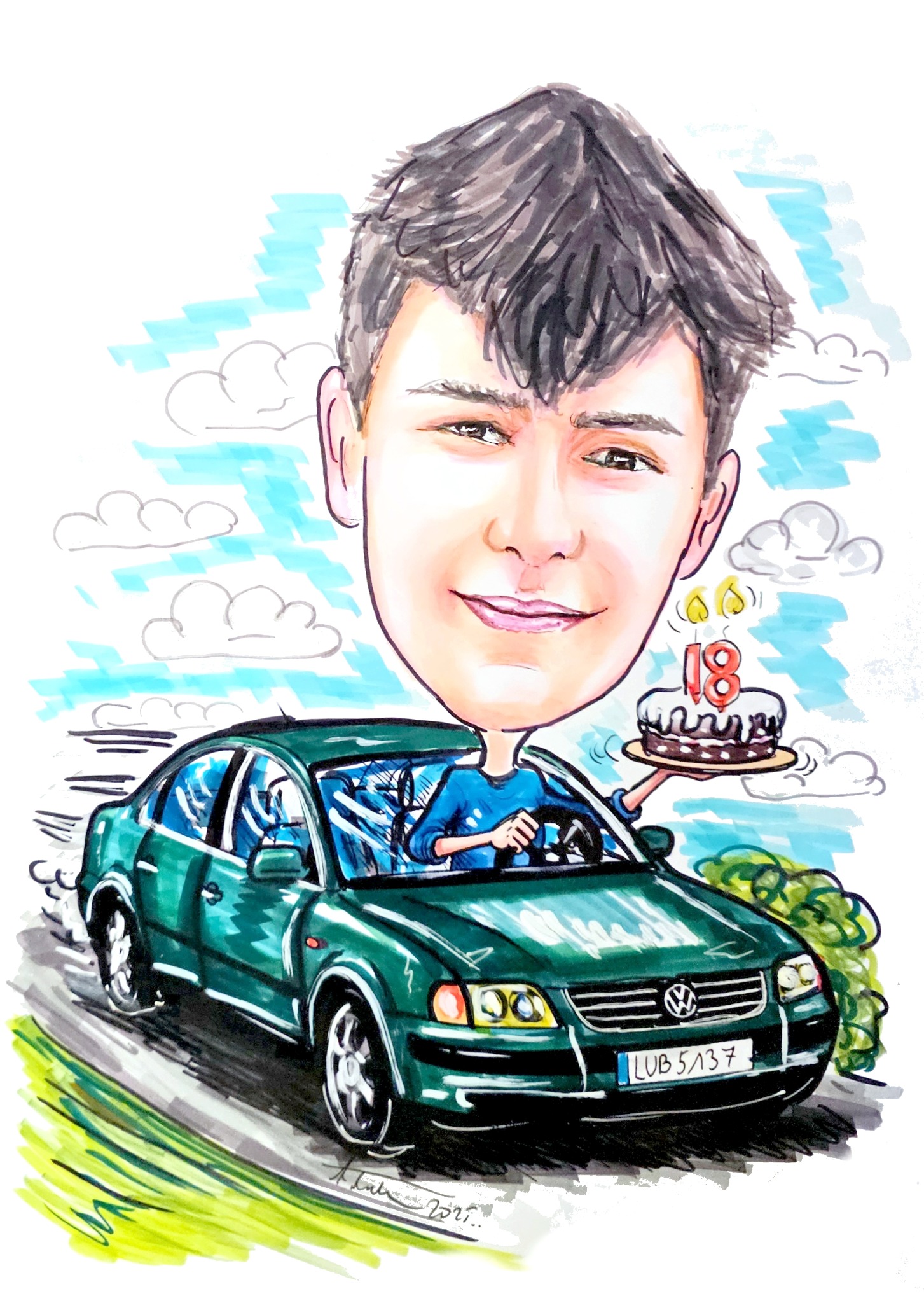 Ręcznie rysowany, kolorowy portret karykaturalny młodego mężczyzny w zielonym samochodzie, trzymającego tort urodzinowy z cyfrą 18, na białym tle z elementami nieba.