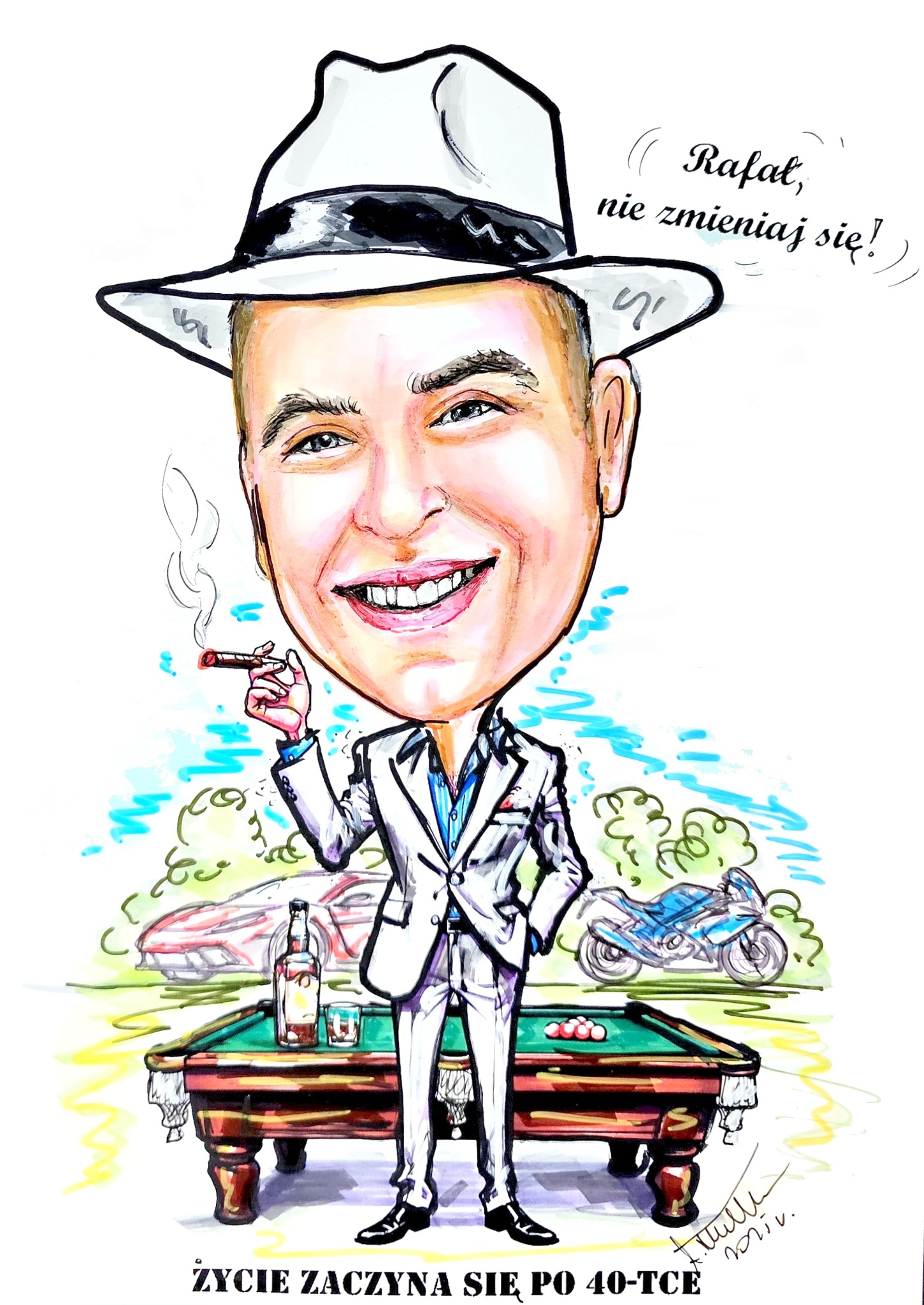 Kolorowy, ręcznie rysowany portret karykaturalny mężczyzny w kapeluszu i garniturze, palącego cygaro, z motywami luksusowego życia: samochód, motocykl, stół bilardowy.