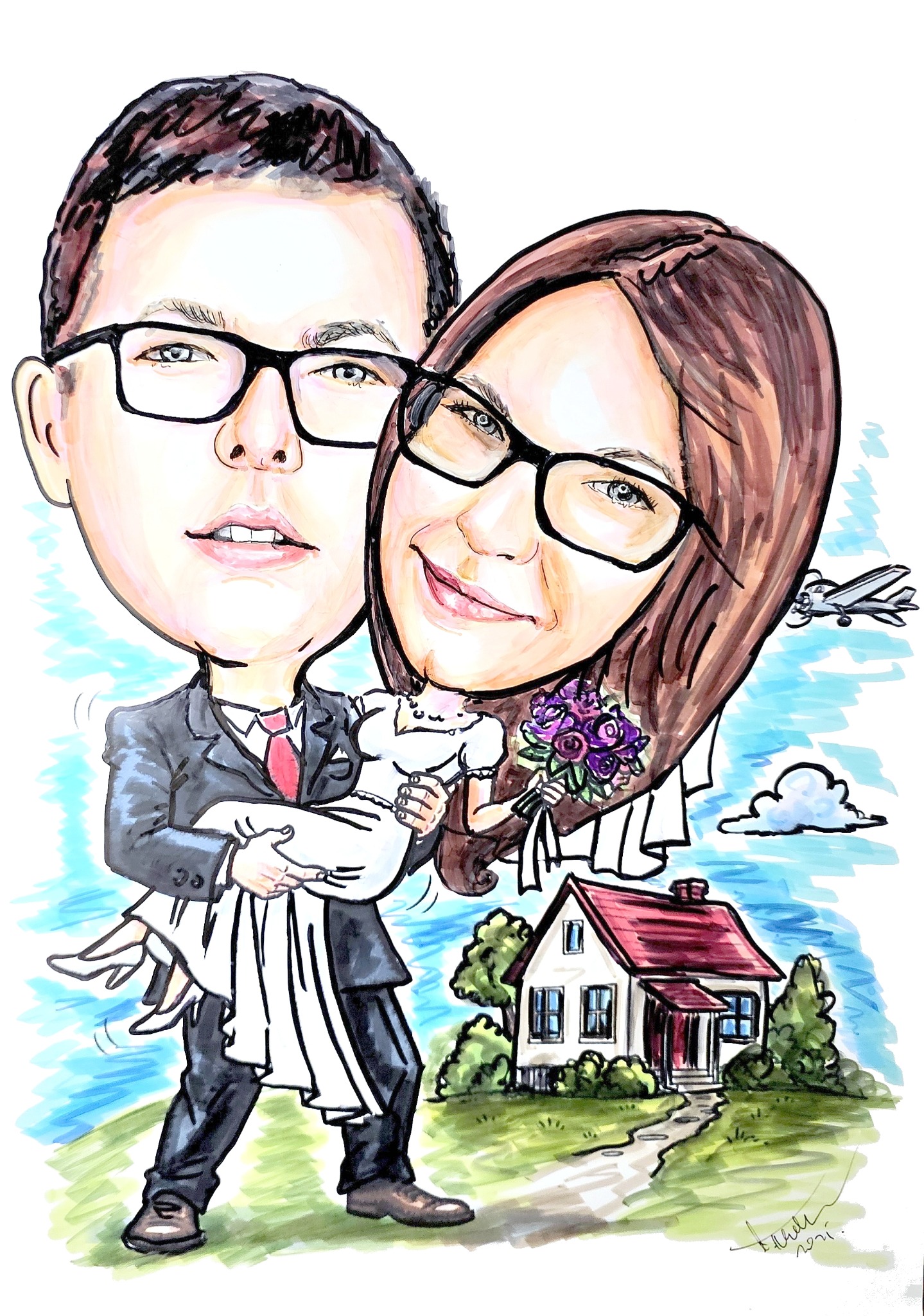 Ilustracja ślubna: Pan młody w garniturze niesie pannę młodą w sukni, w tle dom, samolot i chmury. Rysunek wykonany markerami, stylizowane postacie z dużymi głowami.
