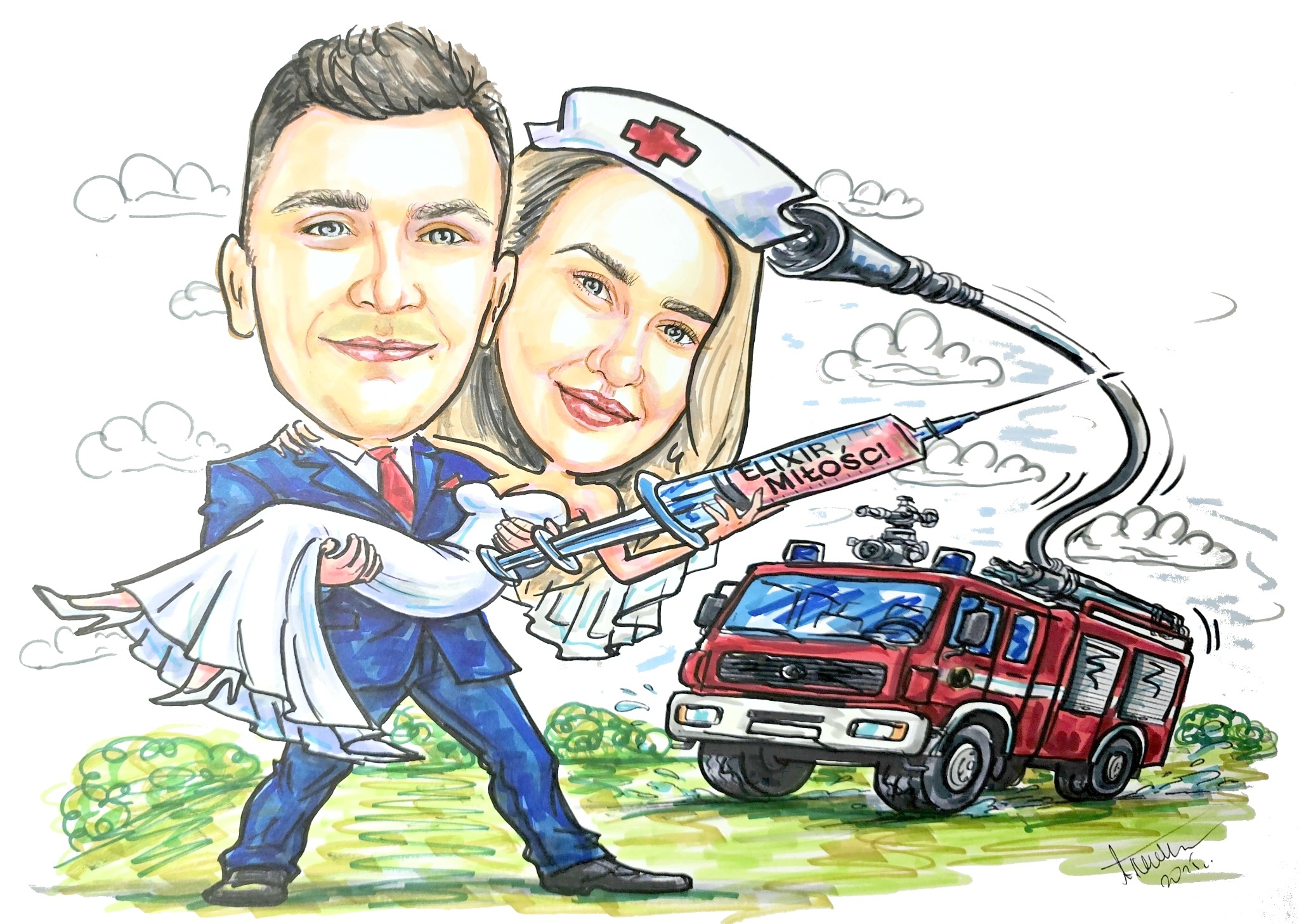 Ręcznie rysowany, humorystyczny portret ślubny w Bielsku, przedstawiający parę młodą z wozem strażackim i strzykawką 'Eliksiru Miłości'. Unikalny prezent.