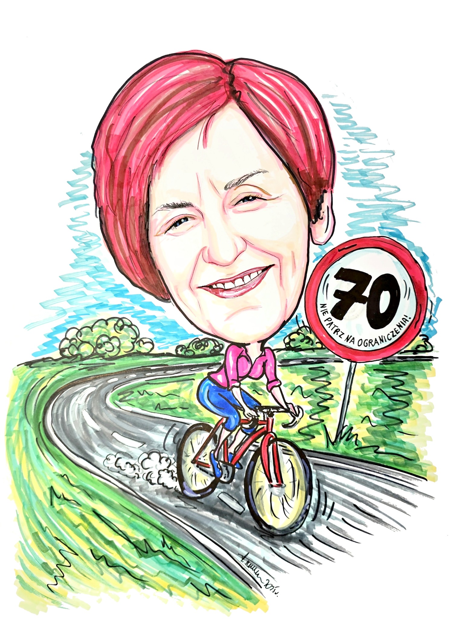 Ręcznie rysowany, kolorowy portret karykaturalny kobiety na rowerze, obok znaku drogowego z napisem 'Nie patrz na ograniczenia!', w scenerii krajobrazowej.