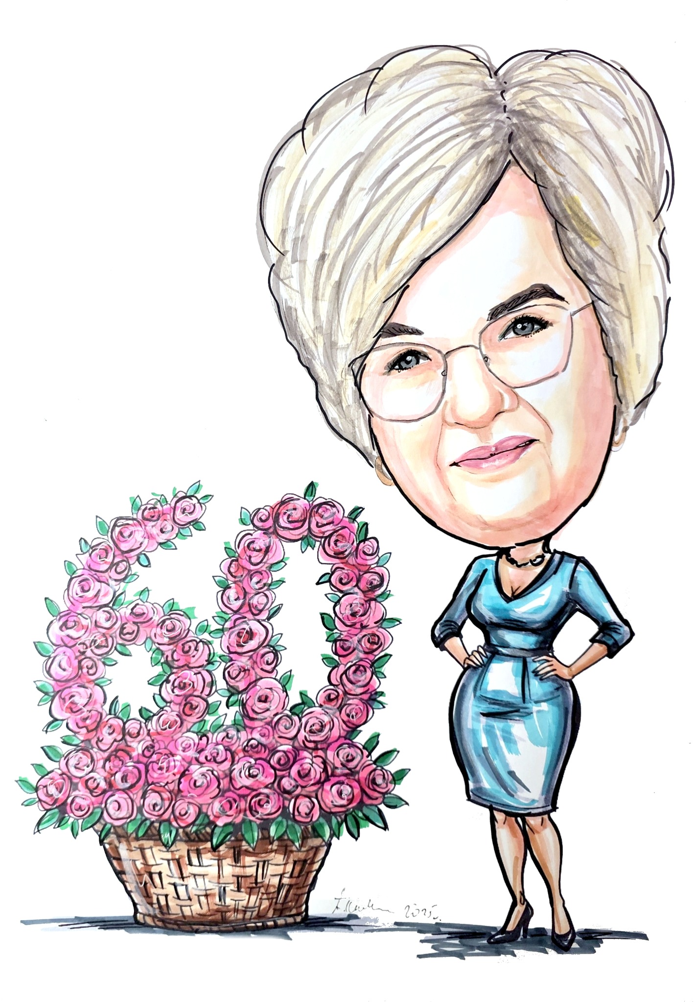 Ręcznie rysowany portret kobiety w niebieskiej sukience, obok kosza róż ułożonych w liczbę 60, na białym tle. Karykaturalne proporcje, styl ilustracyjny.