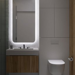 awięcsztuka - Nowoczesna łazienka z podświetlanym lustrem, umywalką z drewnianą szafką, wiszącą toaletą i panelami ściennymi w odcieniach szarości i drewna. Minimalistyczny design.