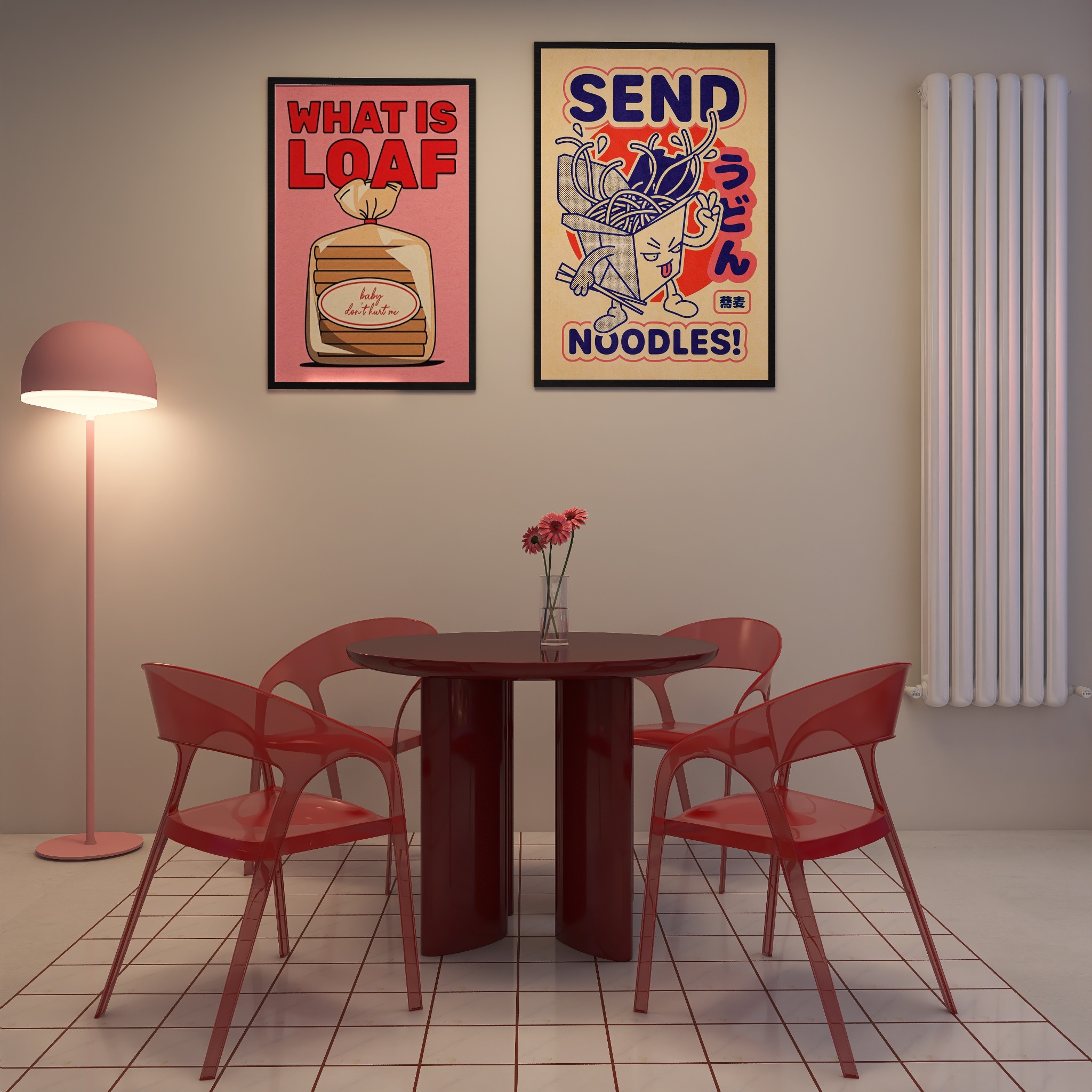 Nowoczesna jadalnia z okrągłym stołem i przezroczystymi krzesłami w odcieniach czerwieni. Na ścianie wiszą plakaty z motywami jedzenia. Minimalistyczny design.