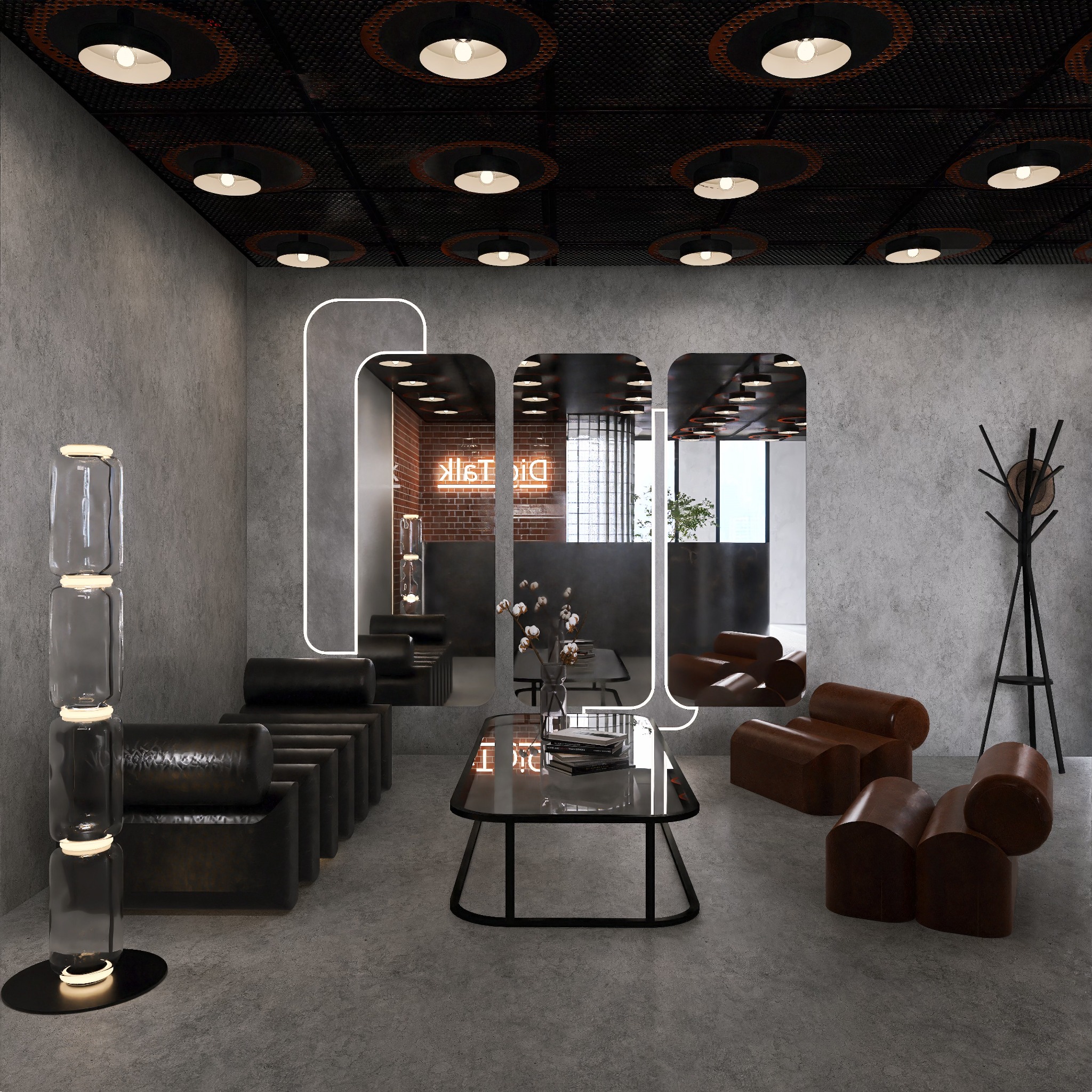 Nowoczesne biuro z betonowymi ścianami, designerskimi meblami i neonem 'Digi Talk' odbijającym się w szklanym stoliku. Industrialny design z elementami loftu.