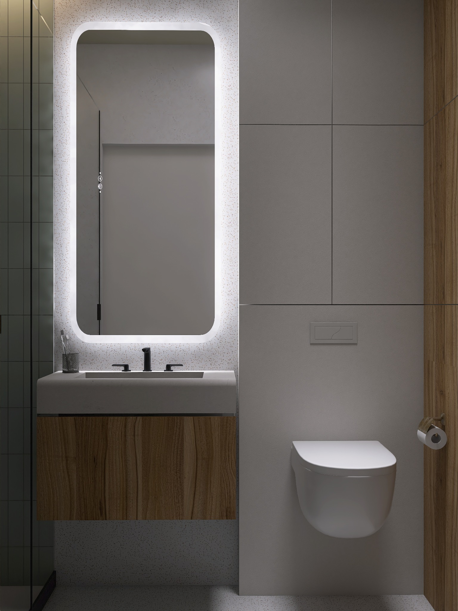 Nowoczesna łazienka z podświetlanym lustrem, umywalką z drewnianą szafką, wiszącą toaletą i panelami ściennymi w odcieniach szarości i drewna. Minimalistyczny design.