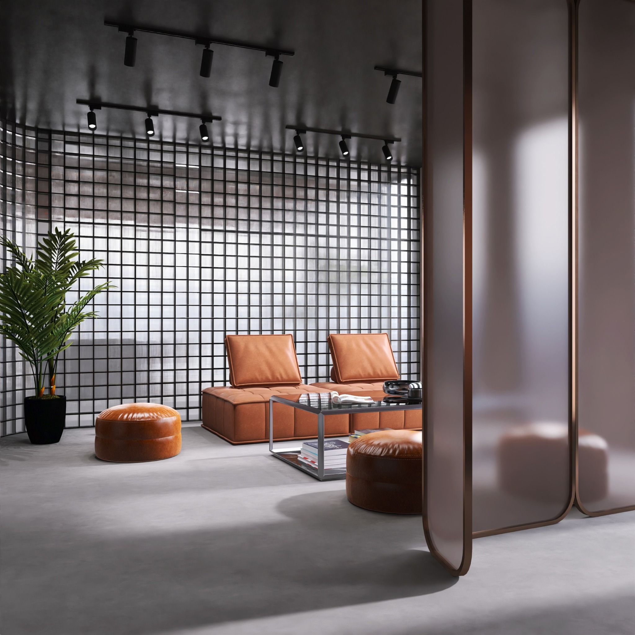 Nowoczesne wnętrze z sofą w odcieniach brązu, szklaną ścianą z siatką i rośliną w doniczce. Minimalistyczny design z oświetleniem punktowym.