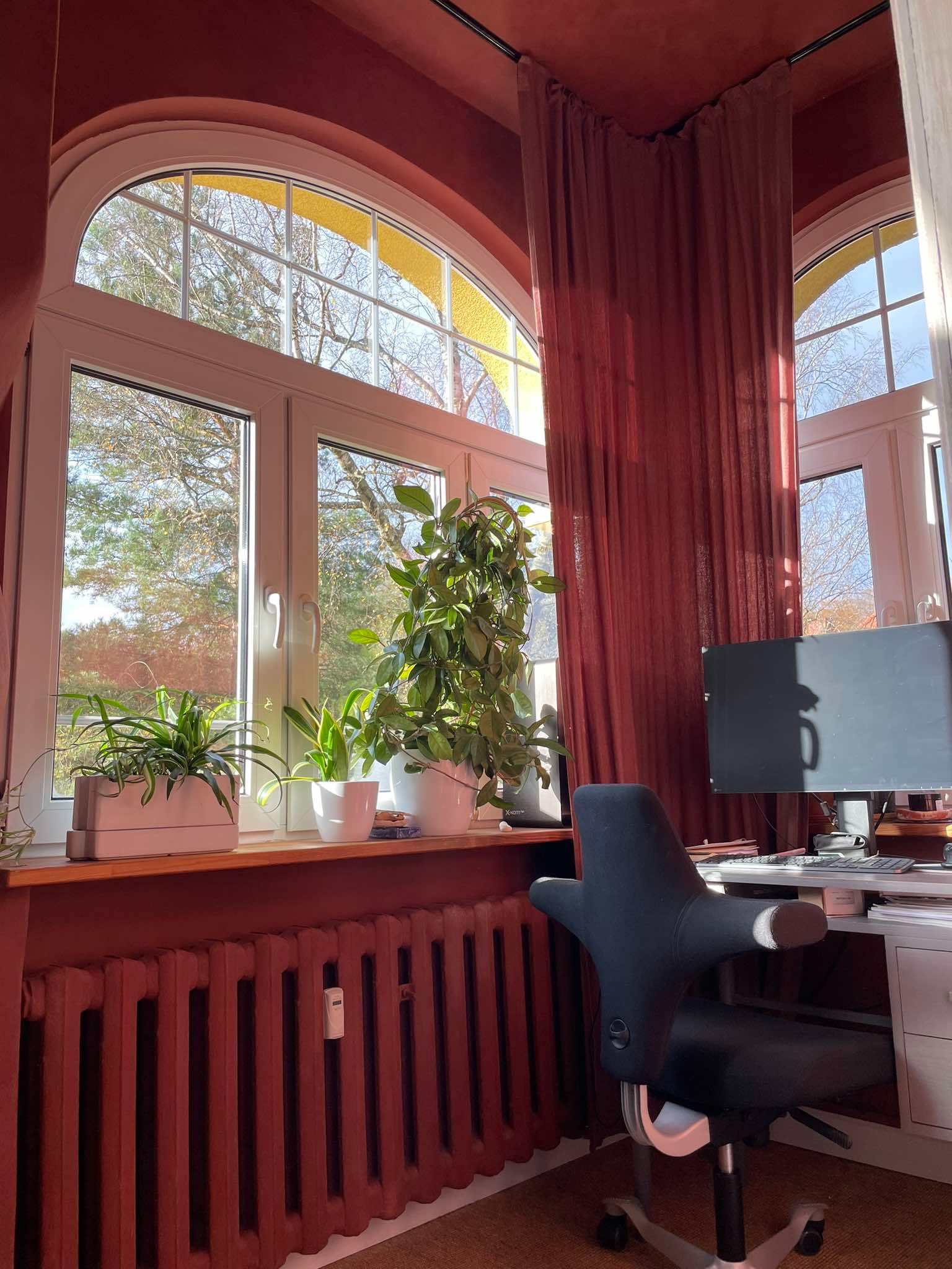 Pokój z dużym oknem łukowym, roślinami doniczkowymi na parapecie i biurkiem z komputerem. Czerwone ściany i zasłony tworzą ciepłą atmosferę. Widok na zewnątrz.