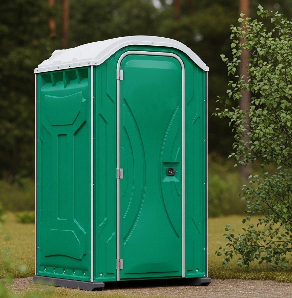 Zielona, plastikowa toaleta przenośna z białym dachem, umieszczona na trawie obok drzewa. Widok z przodu, w tle zieleń drzew.