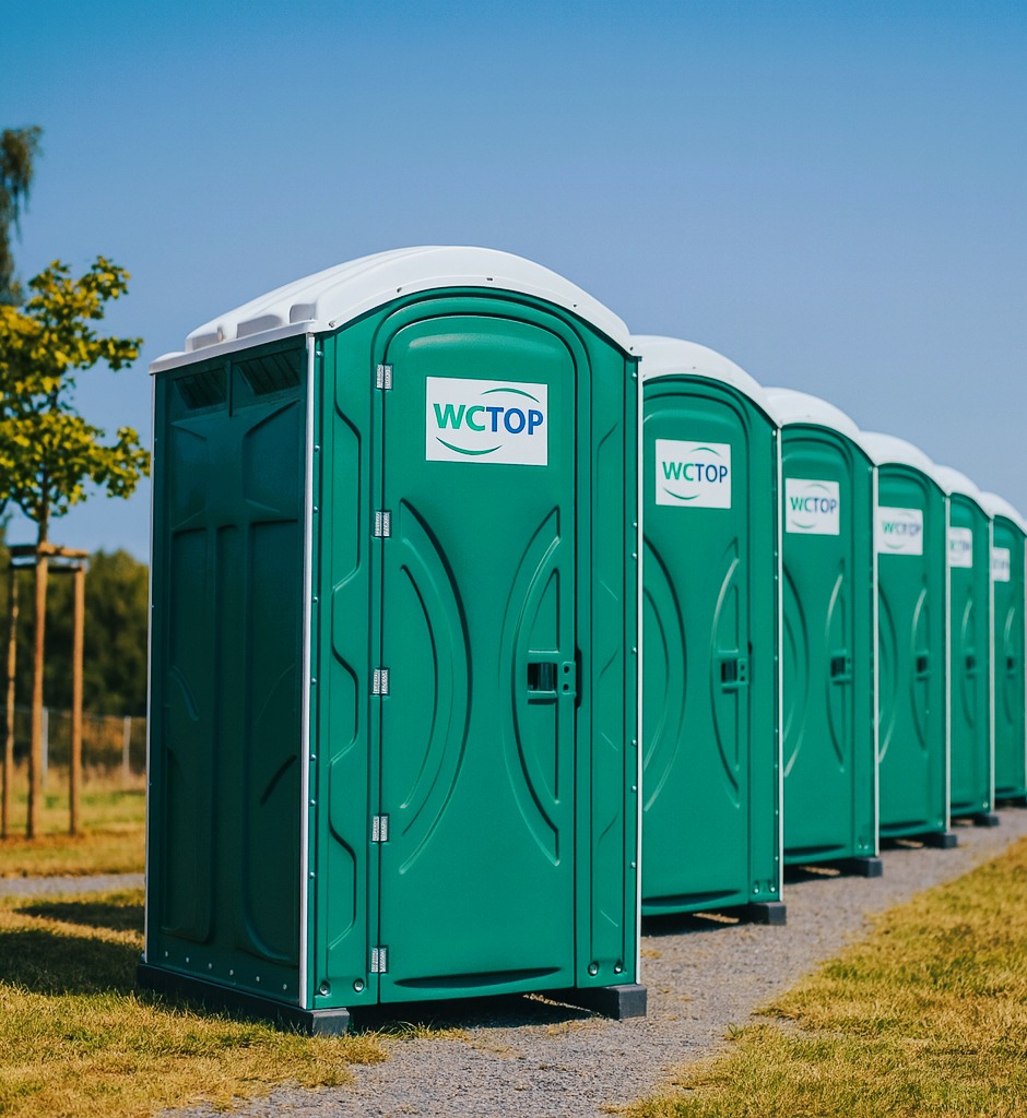 Szereg zielonych, mobilnych toalet z logo WCTOP ustawionych na trawiastym terenie pod błękitnym niebem. Widok z boku, oświetlenie dzienne.