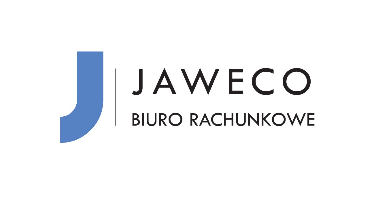 Logo firmy JAWECO Biuro Rachunkowe z niebieskim elementem graficznym w kształcie litery J po lewej stronie, na białym tle.