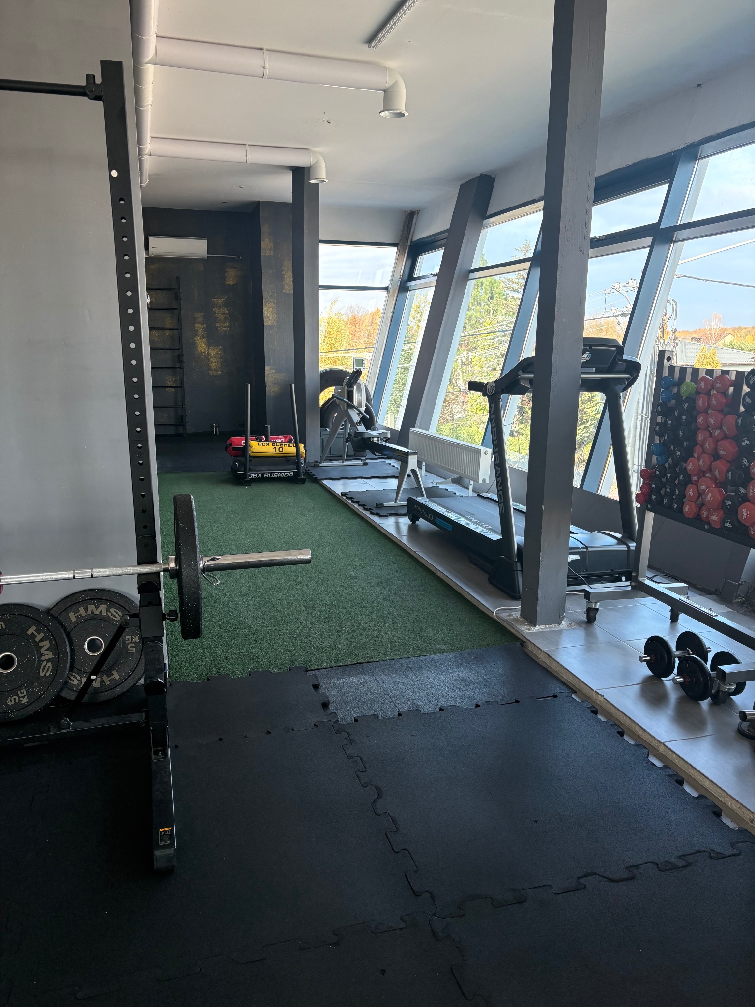 Nowoczesna siłownia z dużymi oknami, sprzętem do ćwiczeń: bieżnia, sztanga z obciążeniem, worki treningowe. Widok na zewnątrz z zielenią. Czarno-szara kolorystyka.