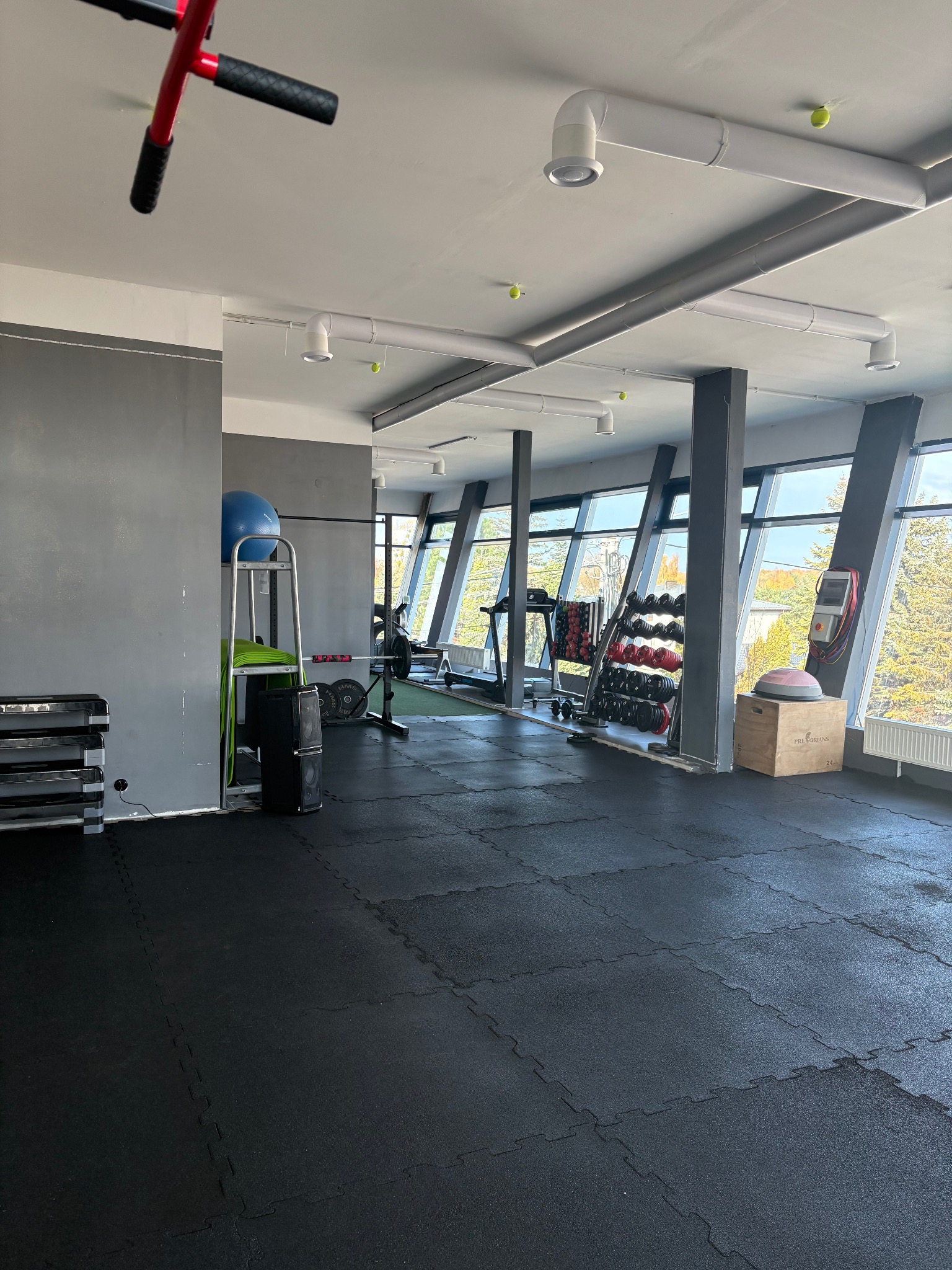 Przestronna siłownia z dużymi oknami, sprzętem do ćwiczeń, podłogą z mat i nietypowym oświetleniem sufitowym z piłeczkami tenisowymi.