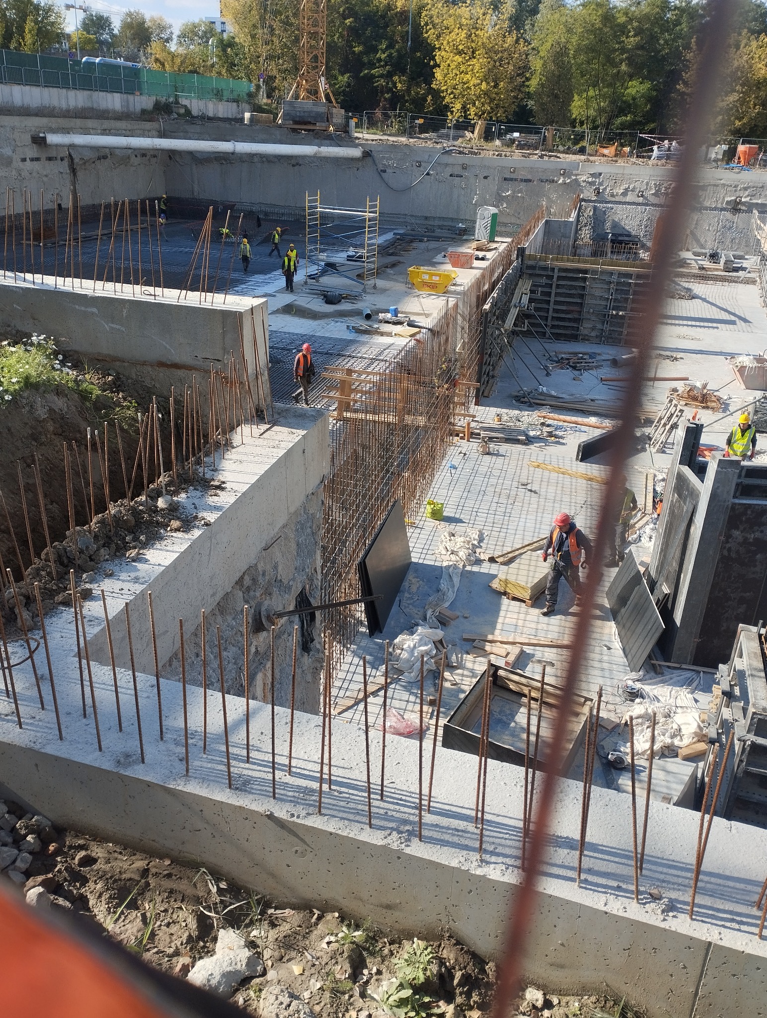 Budowa fundamentów zbrojonych w Krzyżu Wielkopolskim. Widoczne szalunki, stalowe pręty i pracownicy w kaskach. Ujęcie z góry, w tle drzewa i dźwig.