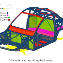 Krystian Przepiórka - Szkielet ramy pojazdu wyścigowego w programie CAD, z kolorami oznaczającymi różne grubości blach. Widok izometryczny, z widocznym interfejsem programu.
