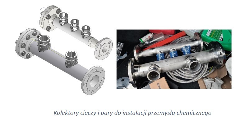 Kolektor cieczy i pary: model CAD po lewej, gotowy element ze stali nierdzewnej po prawej, z widocznymi spawami i elementami montażowymi.