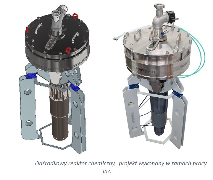 Projekt inżynieryjny: Porównanie modelu CAD i fizycznego reaktora chemicznego PROSPIN. Model 3D po lewej, realny obiekt po prawej. Widoczne detale konstrukcyjne.
