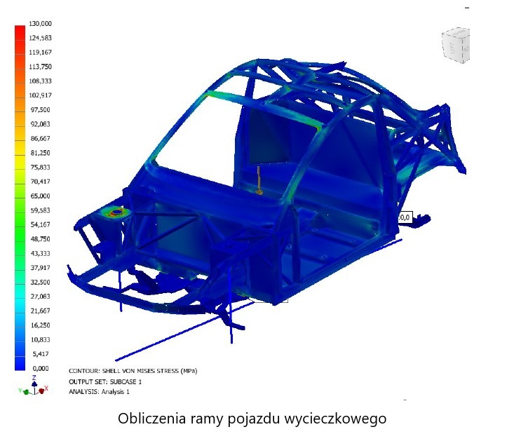 Analiza MES ramy pojazdu wycieczkowego w programie CAD, z kolorową legendą naprężeń. Widok izometryczny, ukazujący konstrukcję szkieletową z zaznaczonymi obciążeniami.