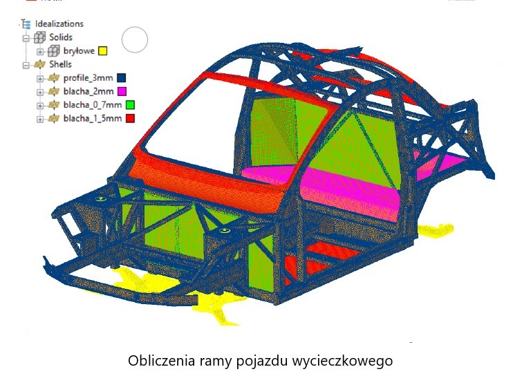 Szkielet ramy pojazdu wyścigowego w programie CAD, z kolorami oznaczającymi różne grubości blach. Widok izometryczny, z widocznym interfejsem programu.