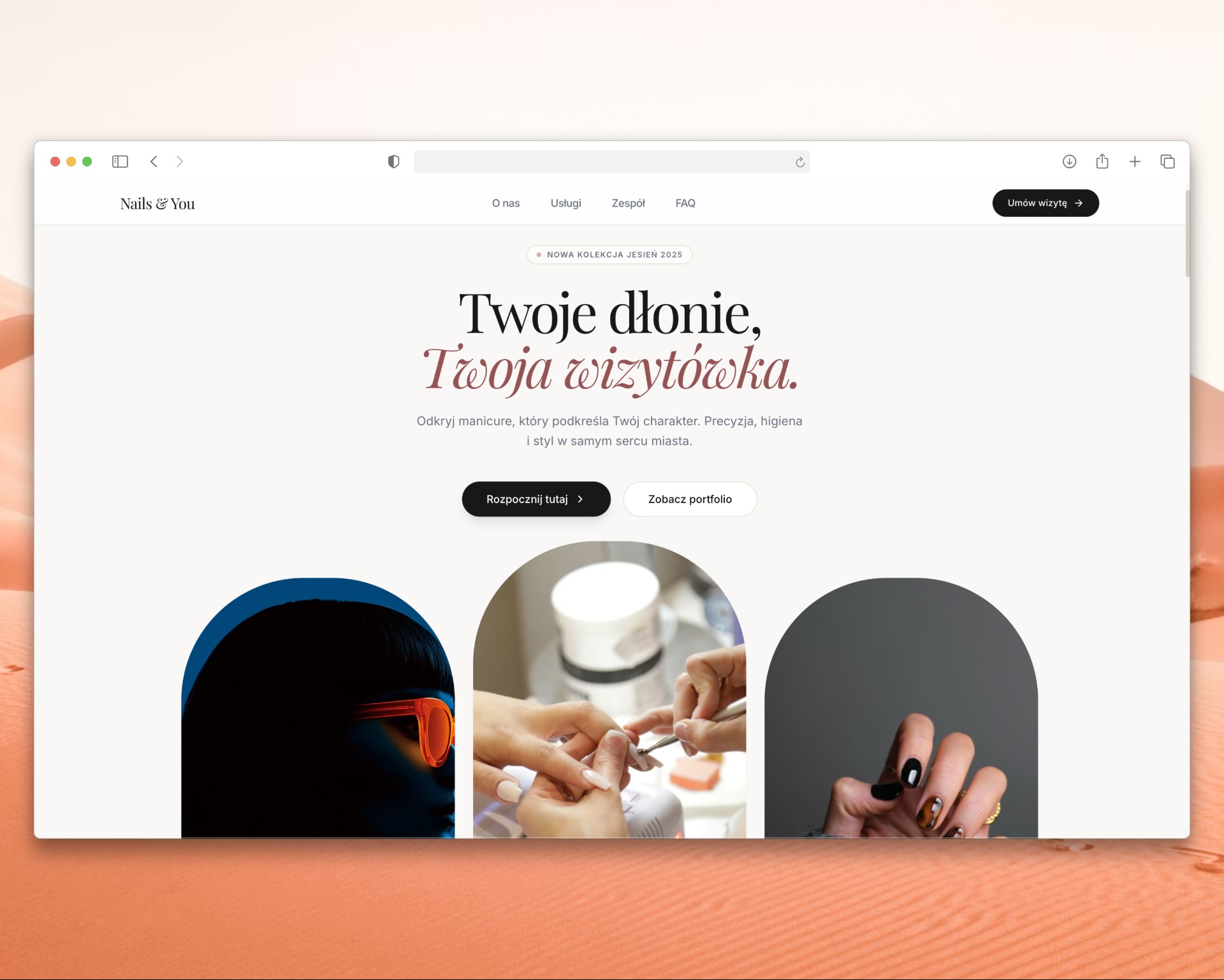 Strona internetowa gabinetu medycyny estetycznej Nails & You z hasłem 'Twoje dłonie, Twoja wizytówka' i zdjęciami manicure w okienku przeglądarki.