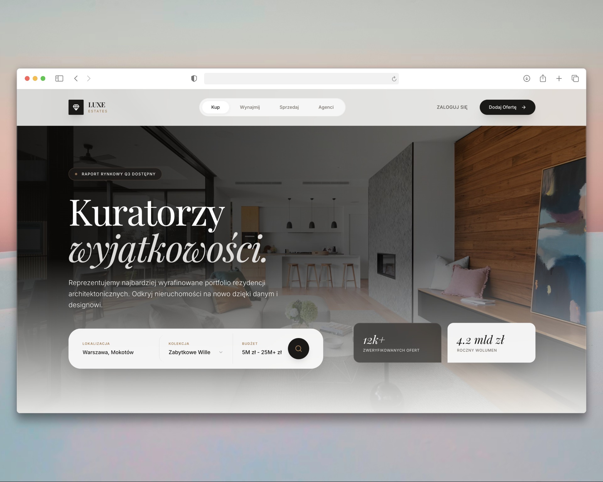 Zrzut ekranu strony agencji nieruchomości luksusowych z minimalistycznym designem. Widoczne menu, wyszukiwarka ofert i hasło 'Kuratorzy wyjątkowości'.