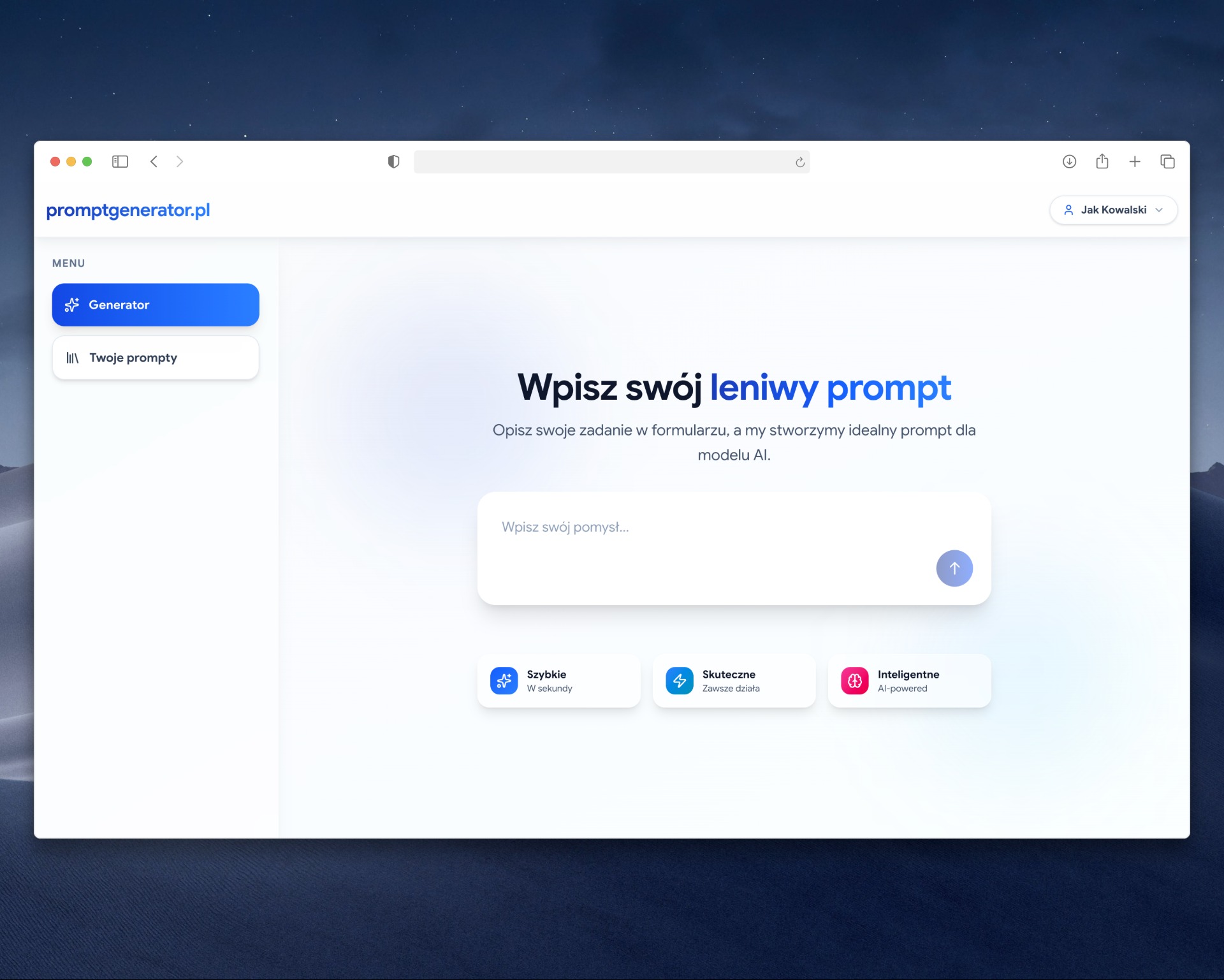 Ekran aplikacji promptgenerator.pl na komputerze. Interfejs generatora promptów AI z polem do wprowadzania tekstu i przyciskami szybkiego wyboru.