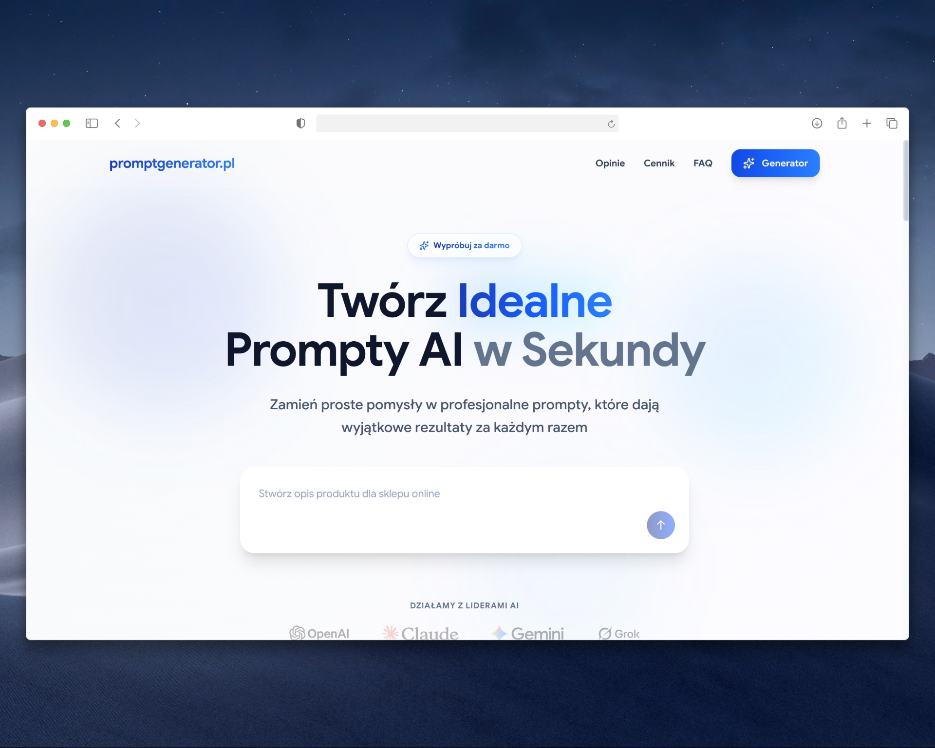 Ekran aplikacji promptgenerator.pl na laptopie. Interfejs generatora promptów AI z hasłem 'Twórz Idealne Prompty AI w Sekundy'.