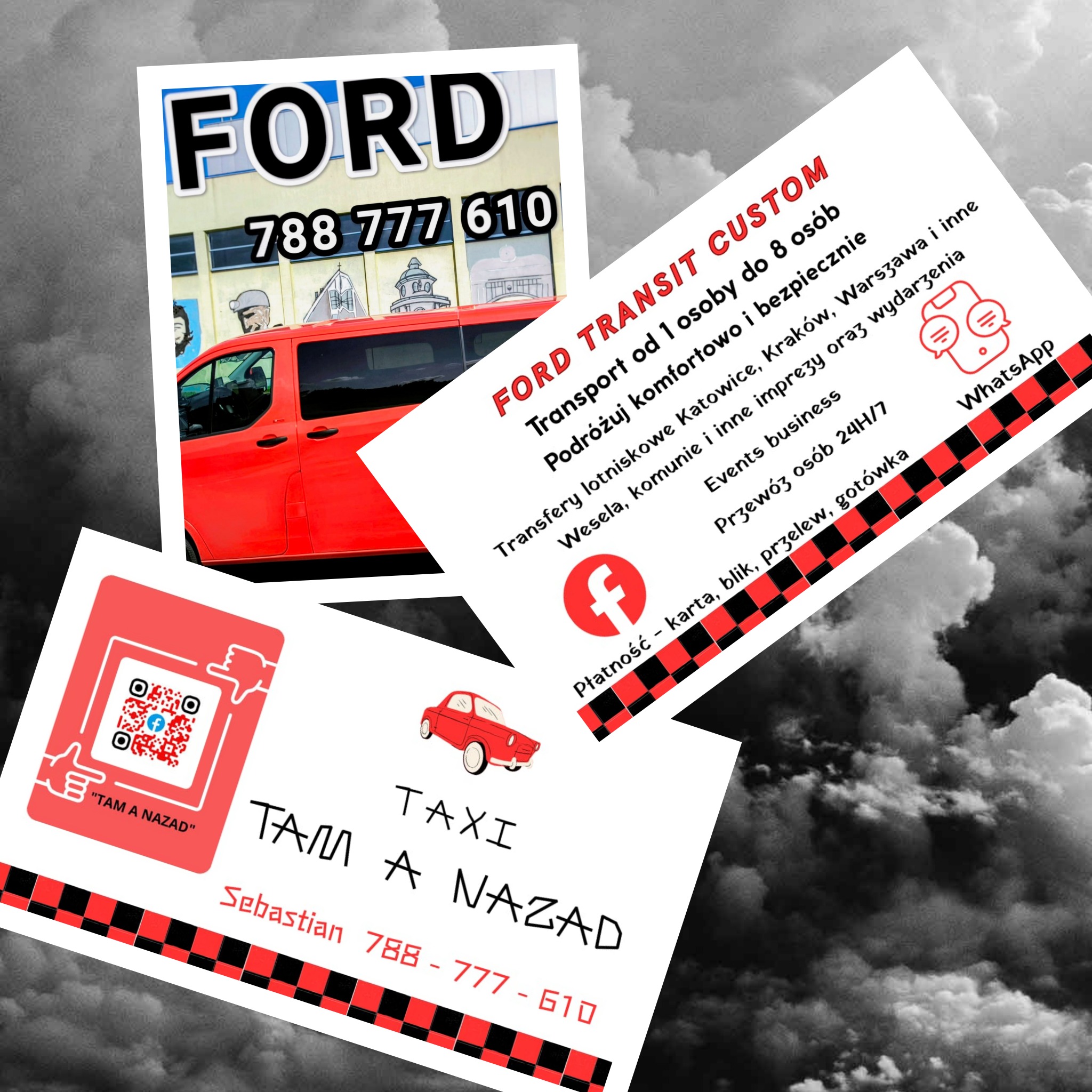 Kolaż z wizytówek i zdjęcia czerwonego Forda Transita Custom z numerem telefonu. Oferta przewozu osób, transfery lotniskowe, wesela, płatność kartą i gotówką.
