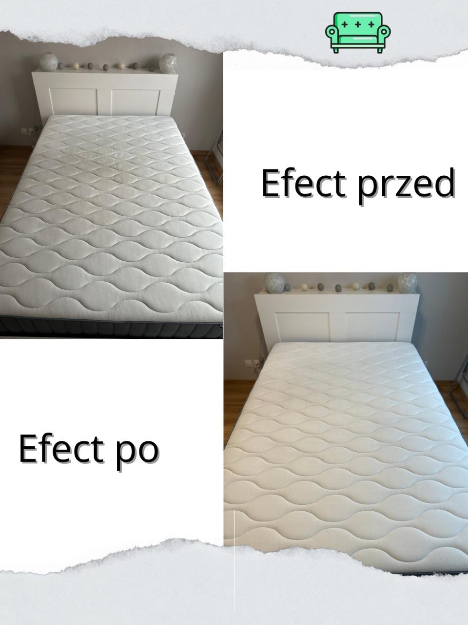 Materac na łóżku: po lewej stronie widoczny efekt przed czyszczeniem, po prawej - po. Widoczna różnica w czystości i wyglądzie materaca.