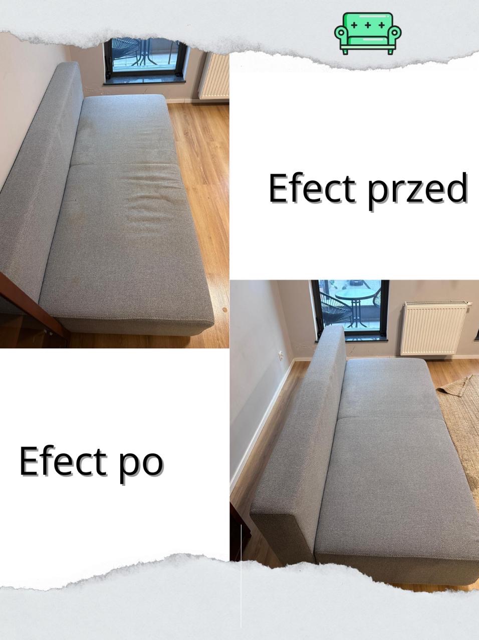 Szara kanapa modułowa w układzie 'przed i po'. Widoczne różnice w czystości tapicerki. Jasne wnętrze z oknem w tle. Prezentacja efektu czyszczenia.