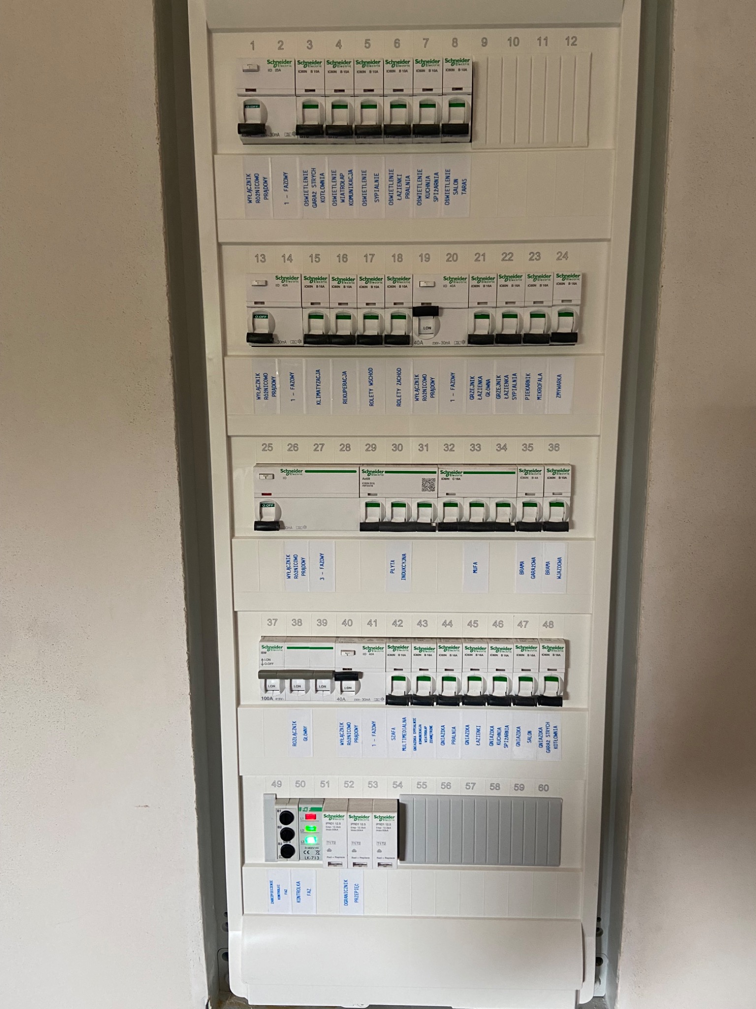 Rozdzielnica elektryczna Schneider z opisami obwodów, widoczne wyłączniki różnicowoprądowe i bezpieczniki. Instalacja wewnątrz budynku, widok z bliska.