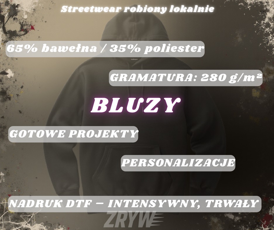 Czarna bluza z kapturem, prezentacja cech: skład (65% bawełna), gramatura (280 g/m²), nadruk DTF, gotowe projekty i personalizacja. Streetwear robiony lokalnie.