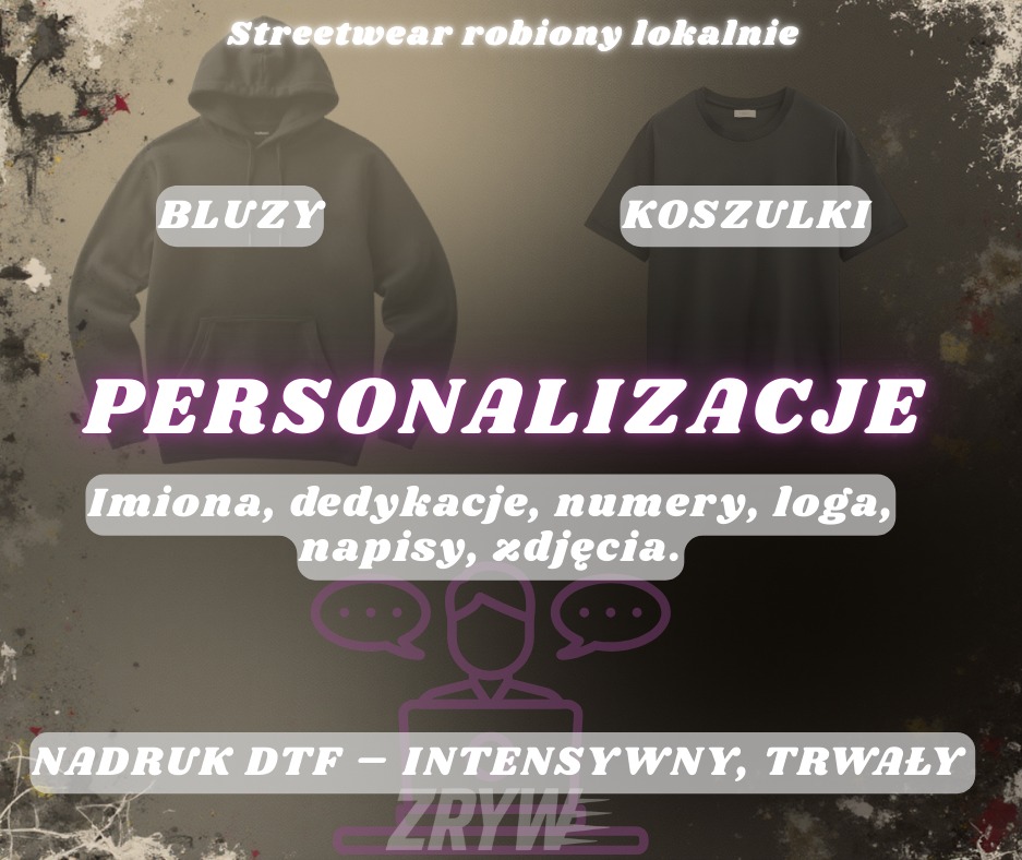 Grafika prezentuje ofertę personalizacji odzieży: bluzy i koszulki z nadrukiem DTF. Intensywne kolory, trwałe nadruki, możliwość dodania imion, dedykacji, logotypów.