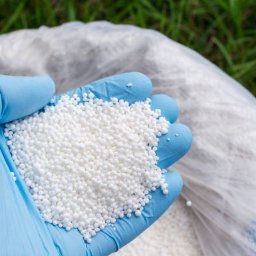 EMPRO MARCIN RYTEL - Środki Do Produkcji Rolnej - Dłoń w niebieskiej rękawicy trzyma białe granulki nawozu na tle worka i trawy. Widok z góry, ostre światło.
