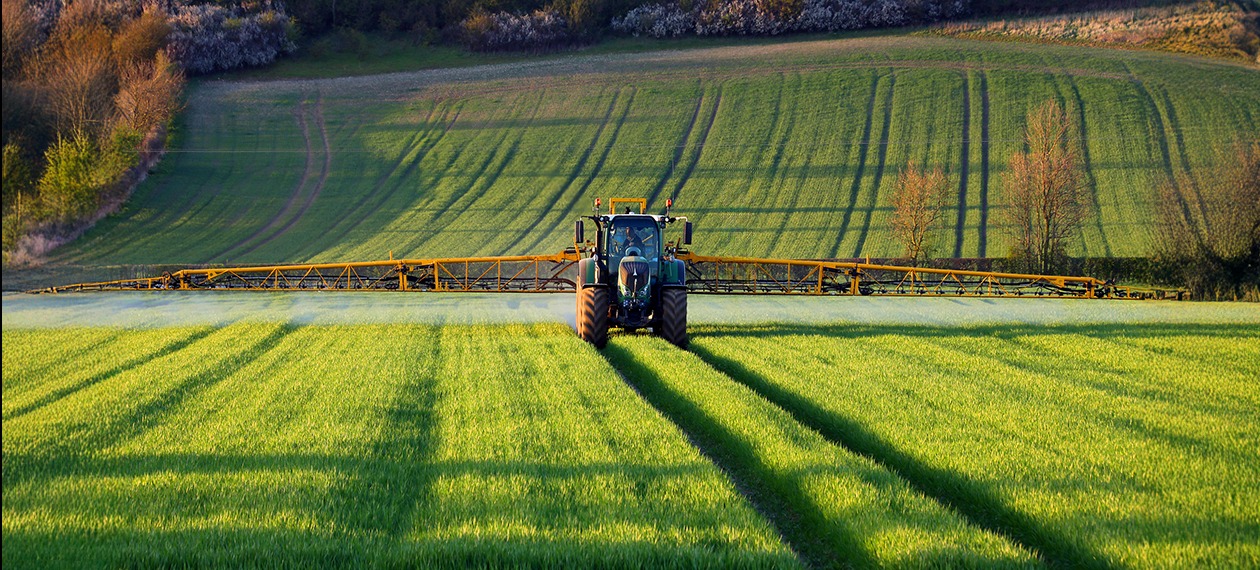 Opryskiwacz ciągnięty przez traktor na tle zielonego pola uprawnego, w oddali wzgórza i drzewa. Widok z przodu, wczesne popołudnie, długie cienie.